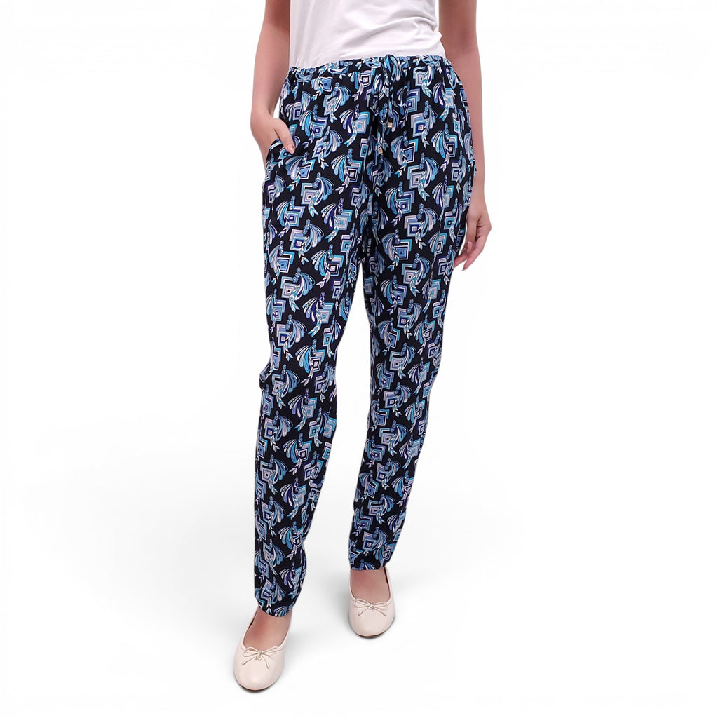EMILIO PUCCI BLACK AND BLUE PATTERNED TROUSERS - SIZE 8