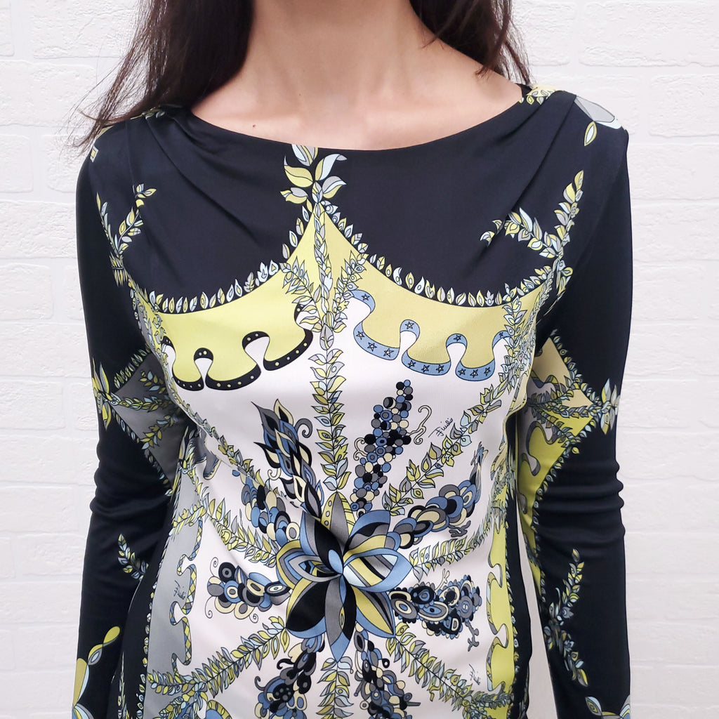 EMILIO PUCCI BLACK, YELLOW AND BLUE PATTERNED LONG SLEEVE DRESS - SIZE 46
