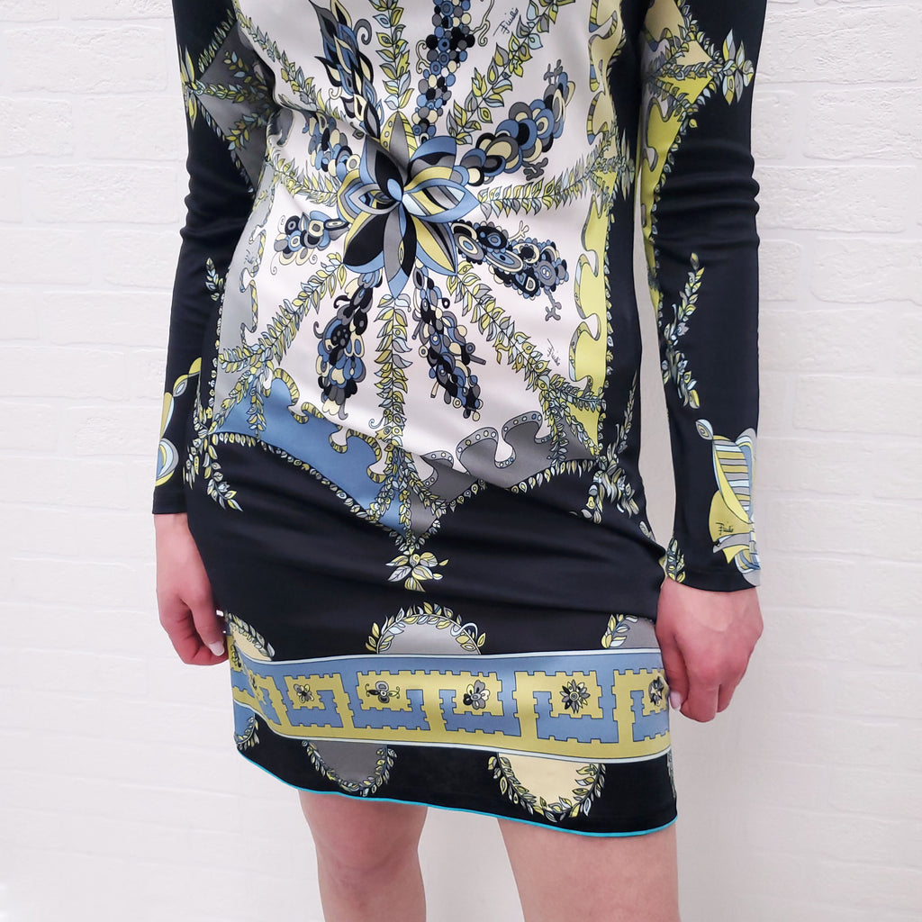 EMILIO PUCCI BLACK, YELLOW AND BLUE PATTERNED LONG SLEEVE DRESS - SIZE 46