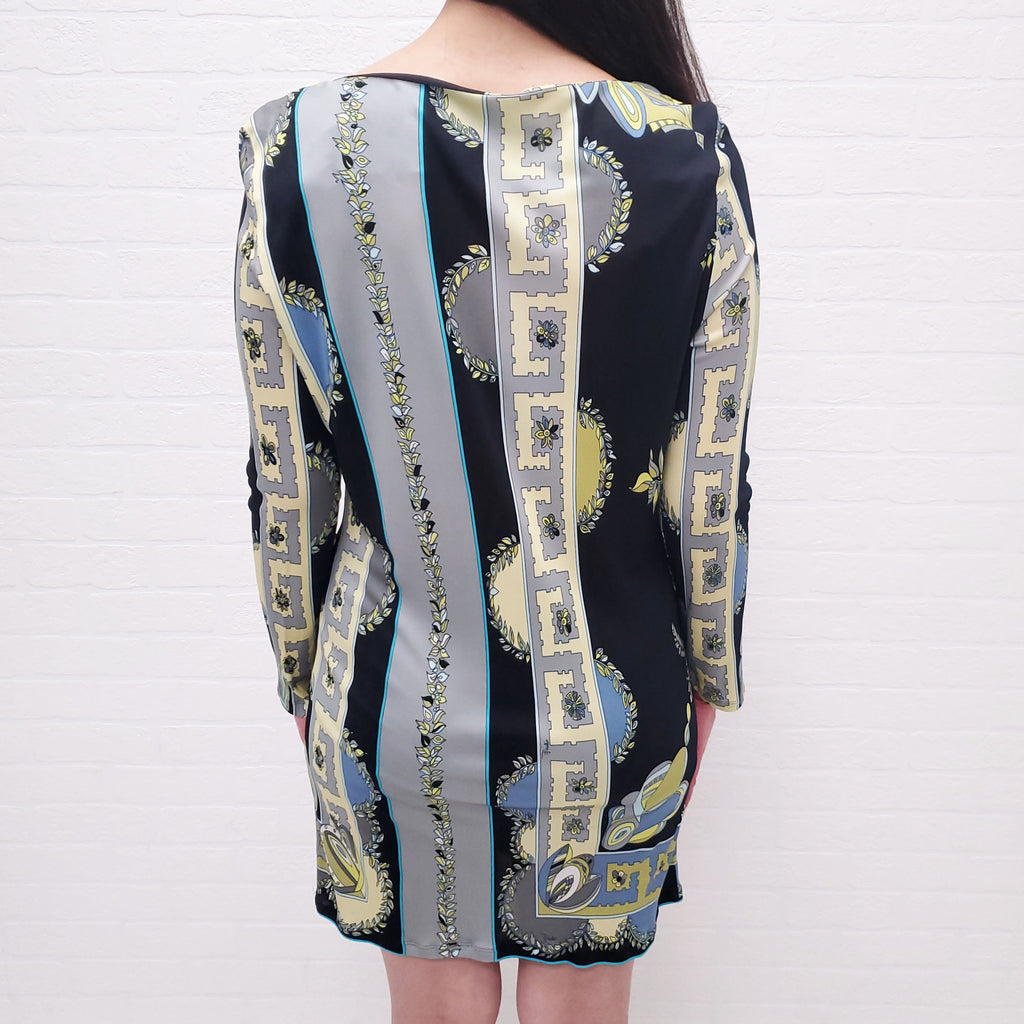 EMILIO PUCCI BLACK, YELLOW AND BLUE PATTERNED LONG SLEEVE DRESS - SIZE 46