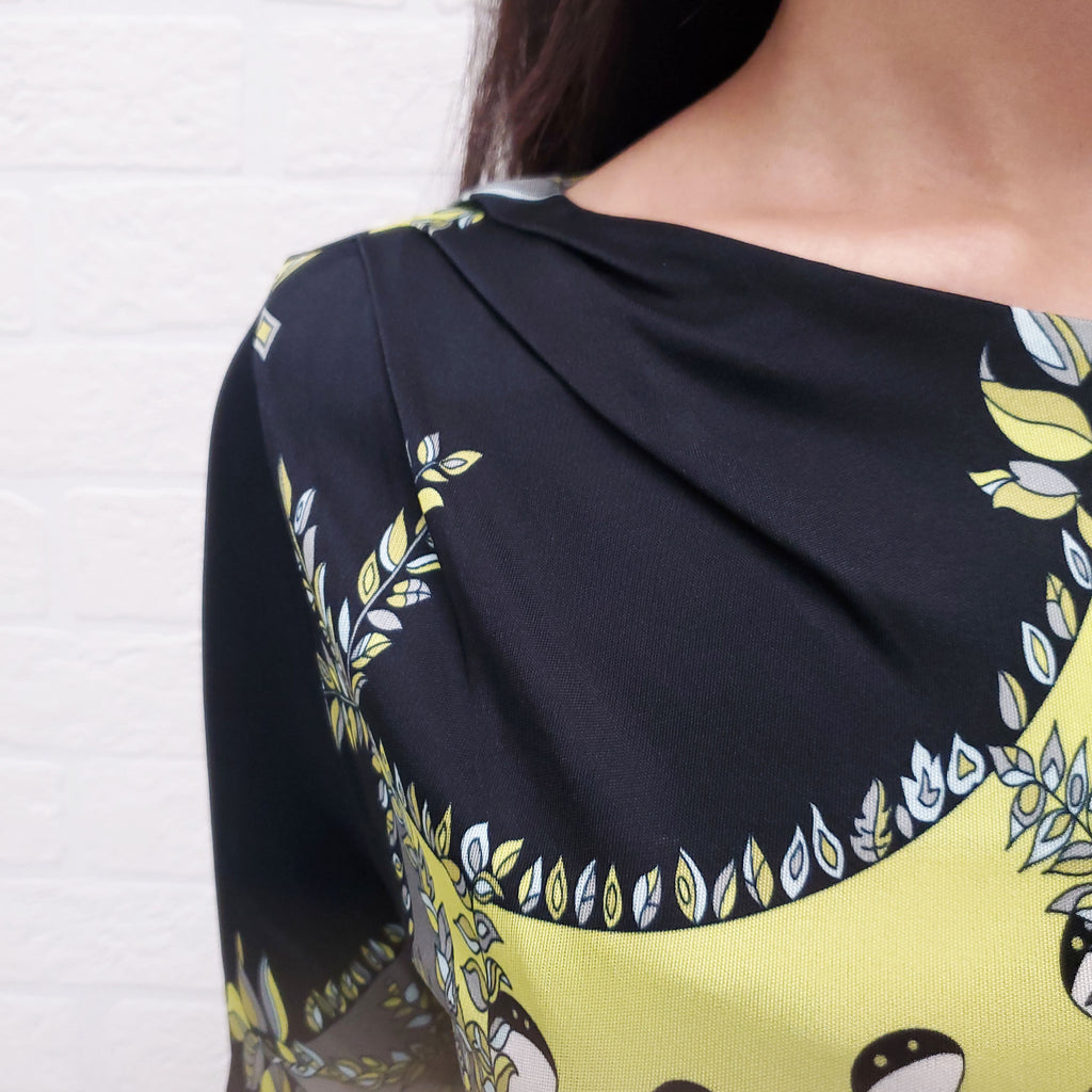 EMILIO PUCCI BLACK, YELLOW AND BLUE PATTERNED LONG SLEEVE DRESS - SIZE 46