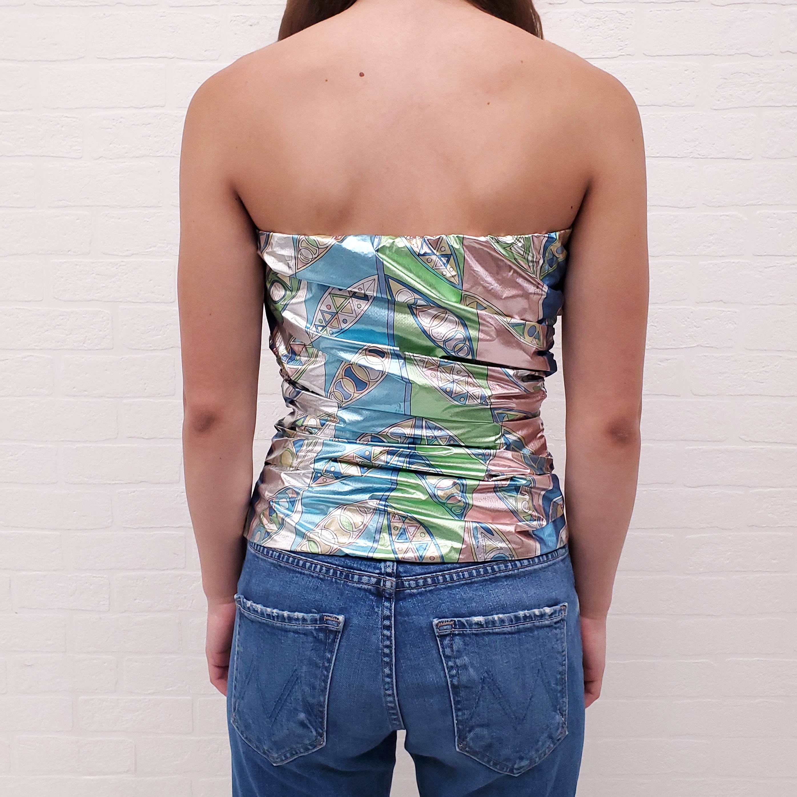 EMILIO PUCCI METALLIC BLUE, GREEN AND PINK PATTERNED BUSTIER TOP - SIZE 40