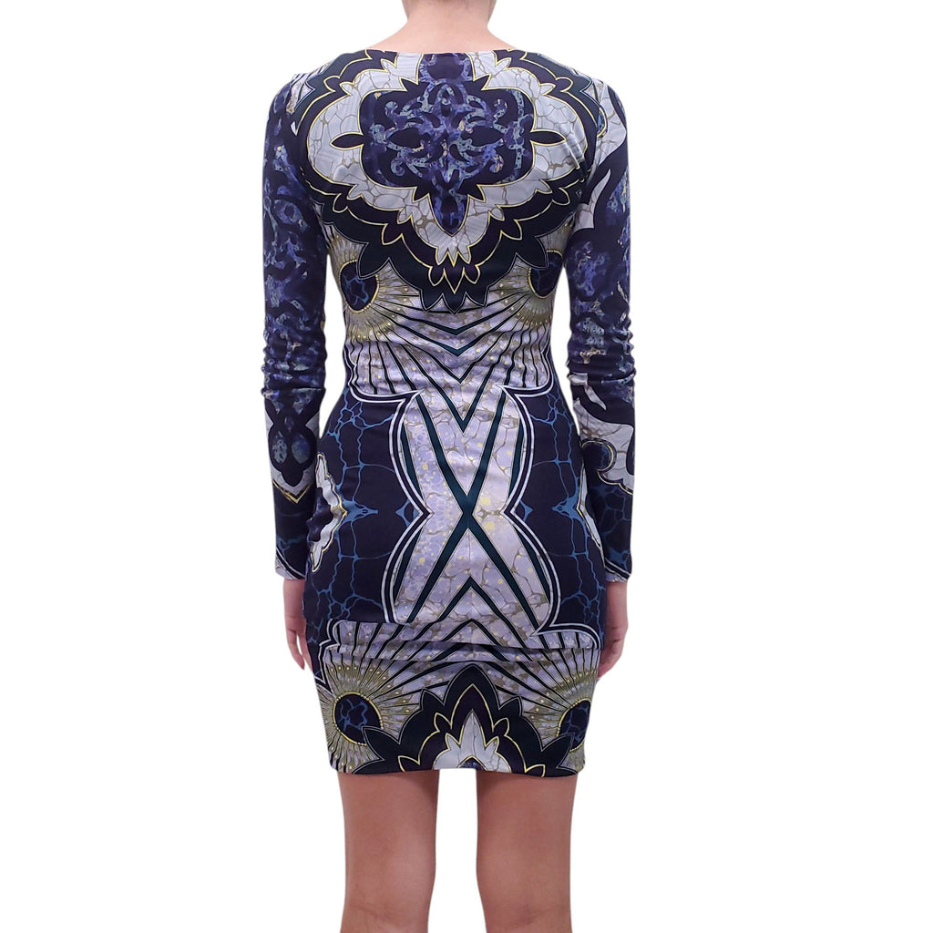 EMILIO PUCCI NAVY PATTERNED LONG-SLEEVE RUCHED DRESS - SIZE 6