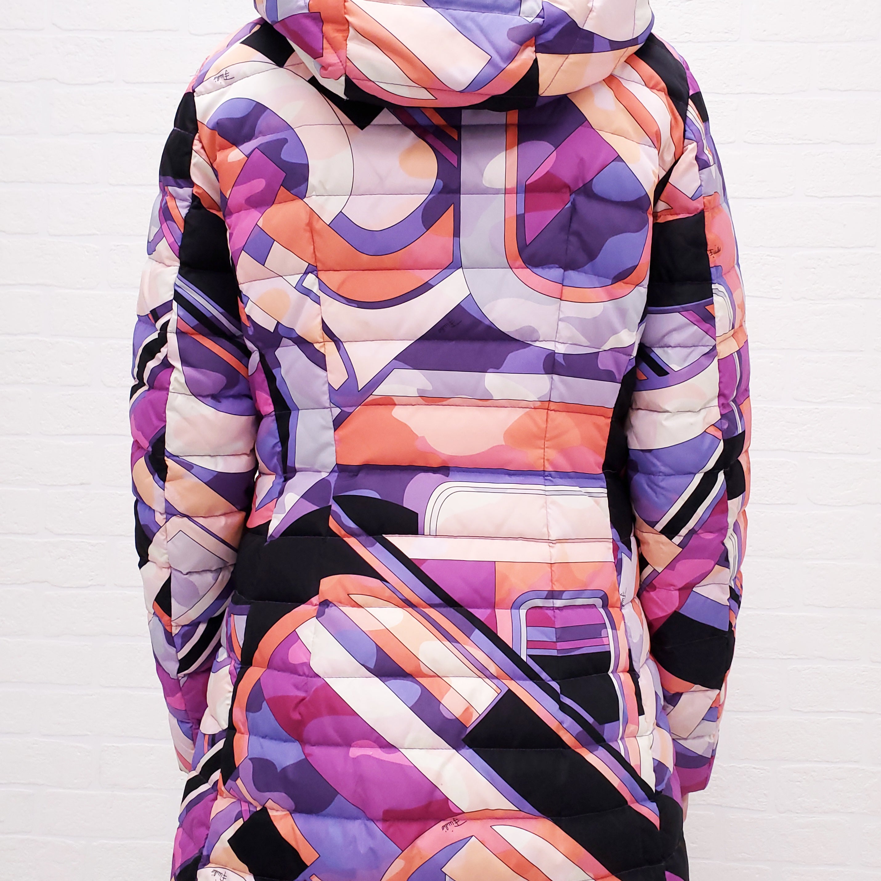 EMILIO PUCCI PINK AND PURPLE PRINTED LONG PUFFER COAT - SIZE 40