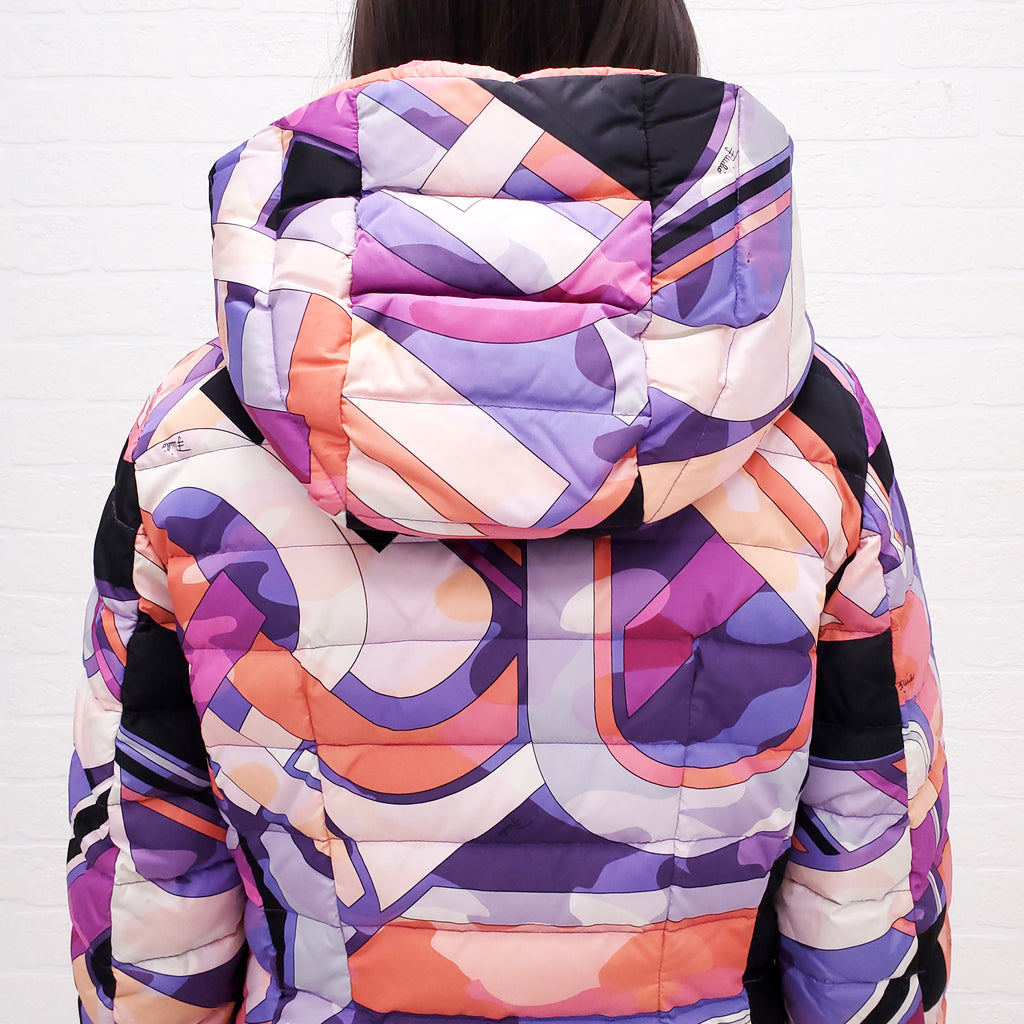 EMILIO PUCCI PINK AND PURPLE PRINTED LONG PUFFER COAT - SIZE 40