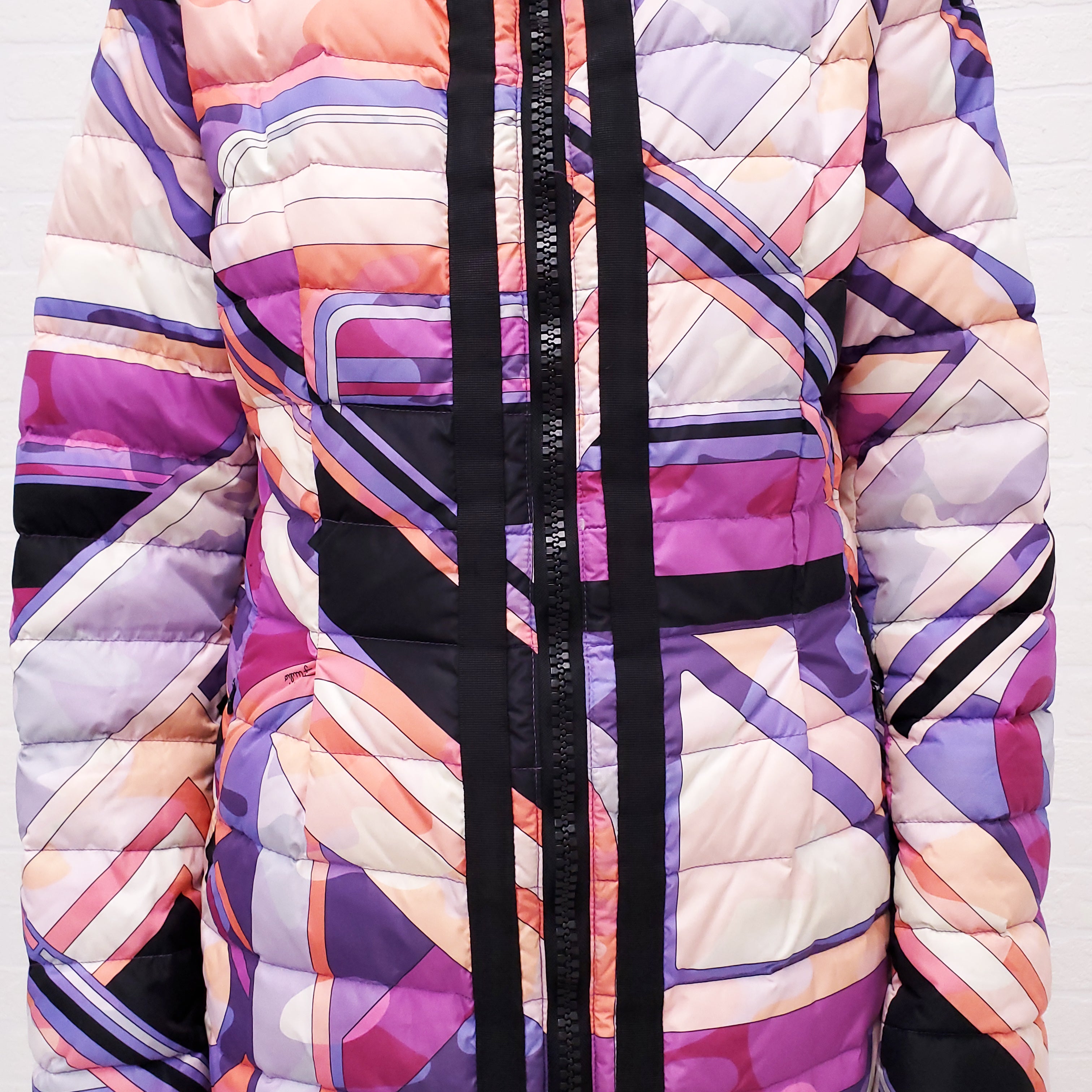 EMILIO PUCCI PINK AND PURPLE PRINTED LONG PUFFER COAT - SIZE 40