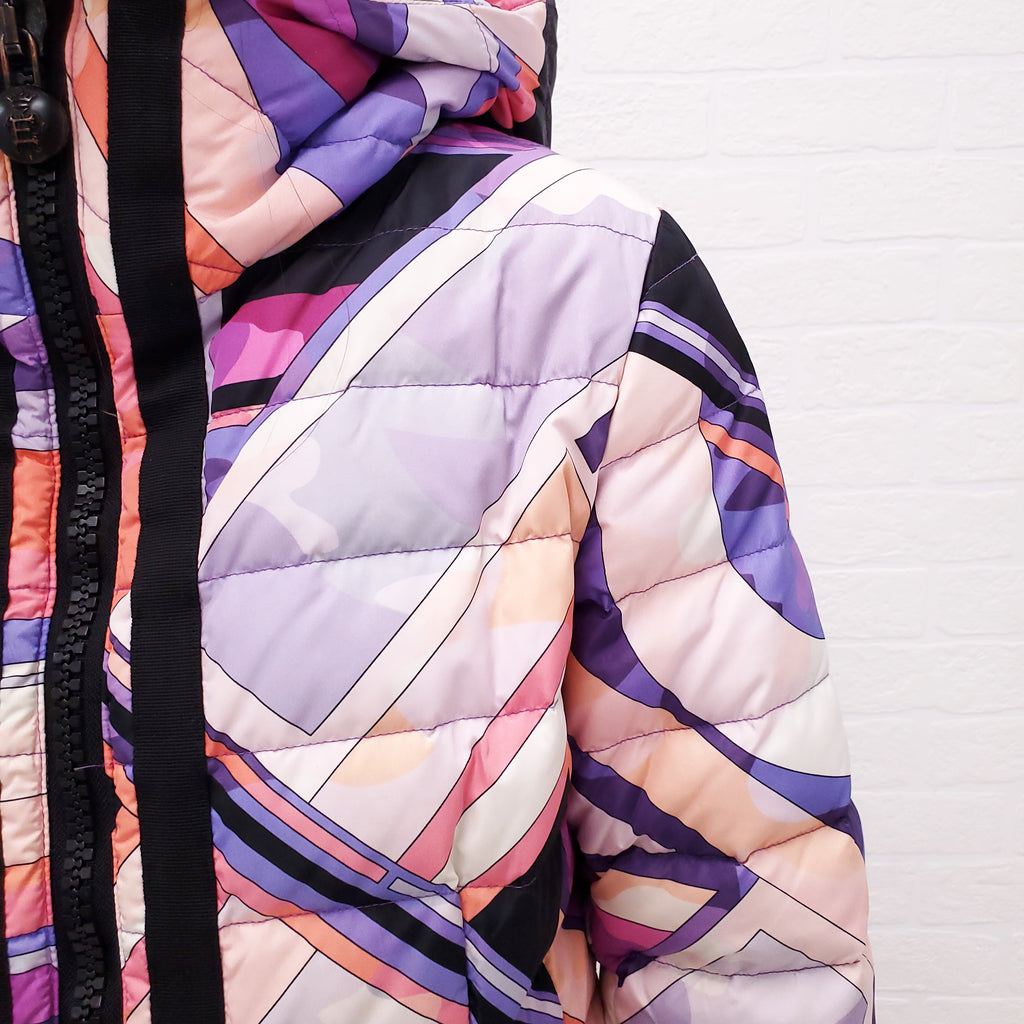 EMILIO PUCCI PINK AND PURPLE PRINTED LONG PUFFER COAT - SIZE 40