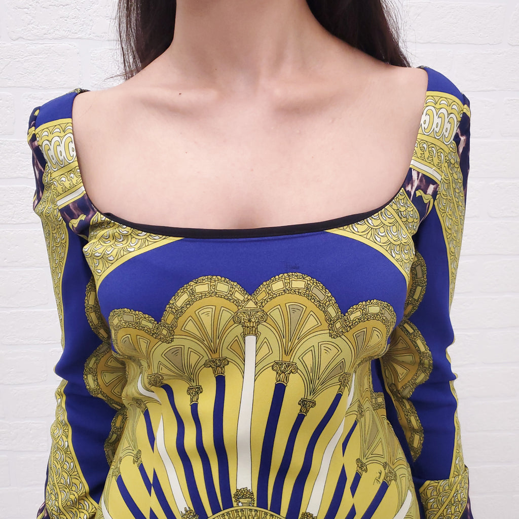 EMILIO PUCCI PURPLE AND YELLOW PATTERNED LONG SLEEVE DRESS - SIZE 42