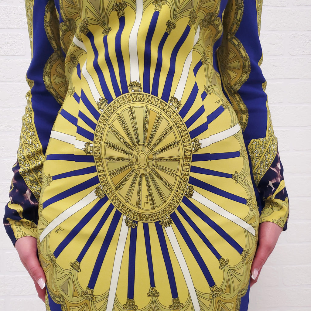 EMILIO PUCCI PURPLE AND YELLOW PATTERNED LONG SLEEVE DRESS - SIZE 42