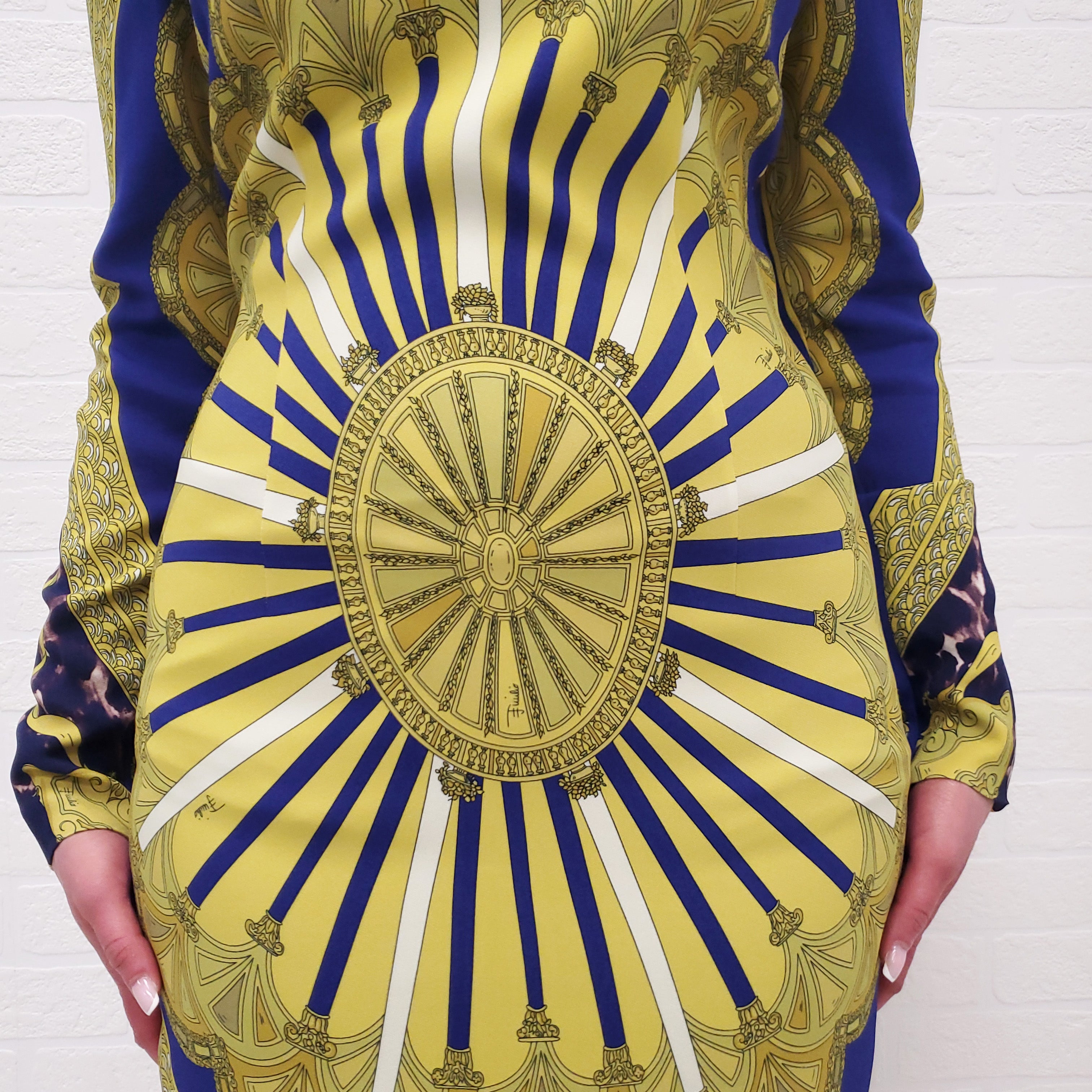 EMILIO PUCCI PURPLE AND YELLOW PATTERNED LONG SLEEVE DRESS - SIZE 42