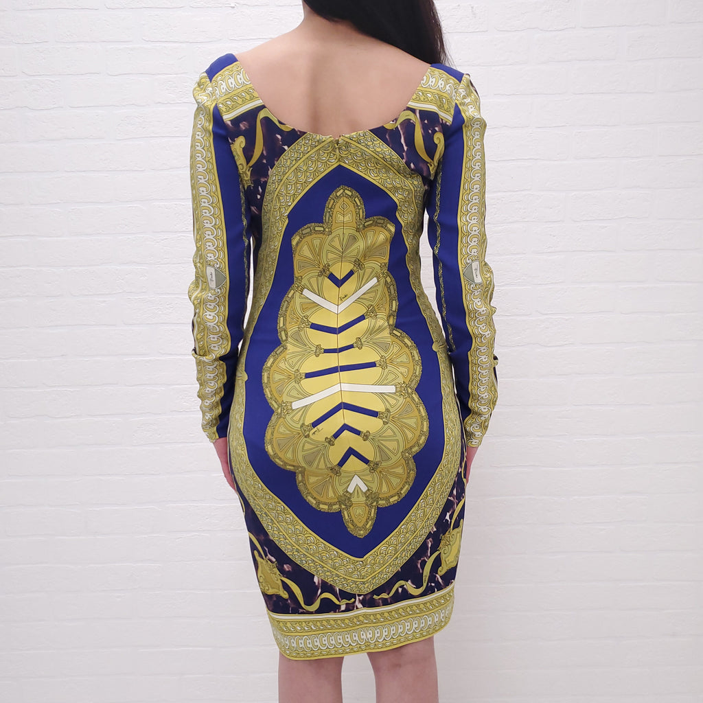 EMILIO PUCCI PURPLE AND YELLOW PATTERNED LONG SLEEVE DRESS - SIZE 42