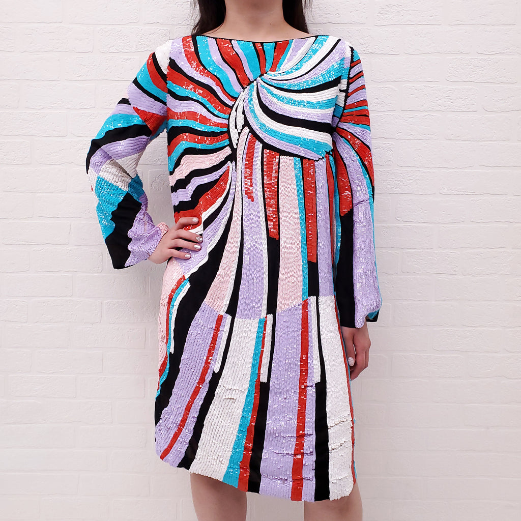 EMILIO PUCCI RUNWAY SEQUIN EMBELLISHED PATTERNED LONG SLEEVE MINI DRESS - SIZE 42