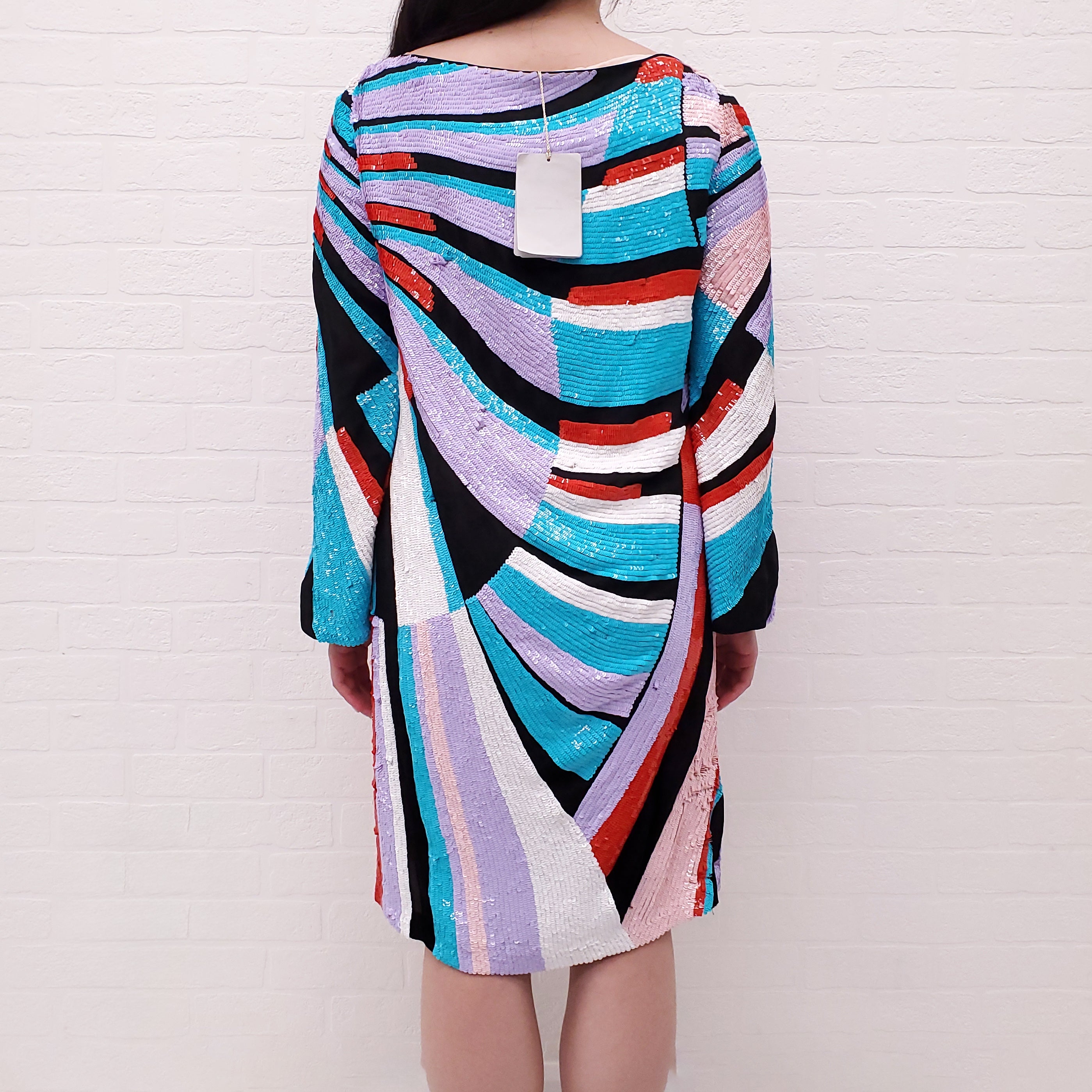 EMILIO PUCCI RUNWAY SEQUIN EMBELLISHED PATTERNED LONG SLEEVE MINI DRESS - SIZE 42
