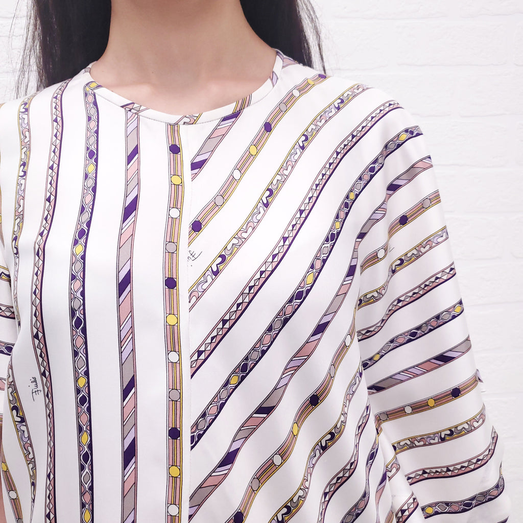 EMILIO PUCCI WHITE PATTERNED STRIPE SHORT SLEEVE DRESS - SIZE 44