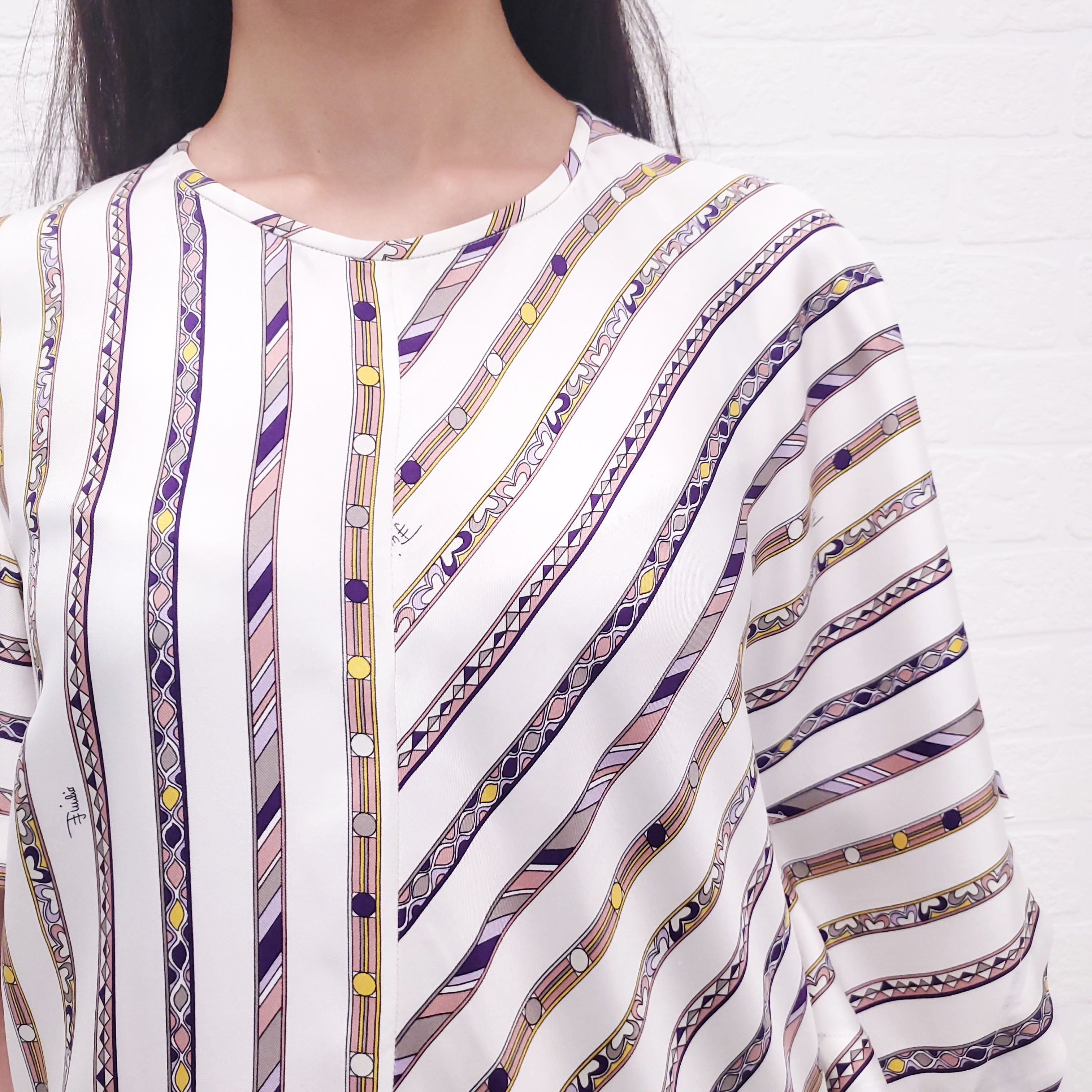 EMILIO PUCCI WHITE PATTERNED STRIPE SHORT SLEEVE DRESS - SIZE 44