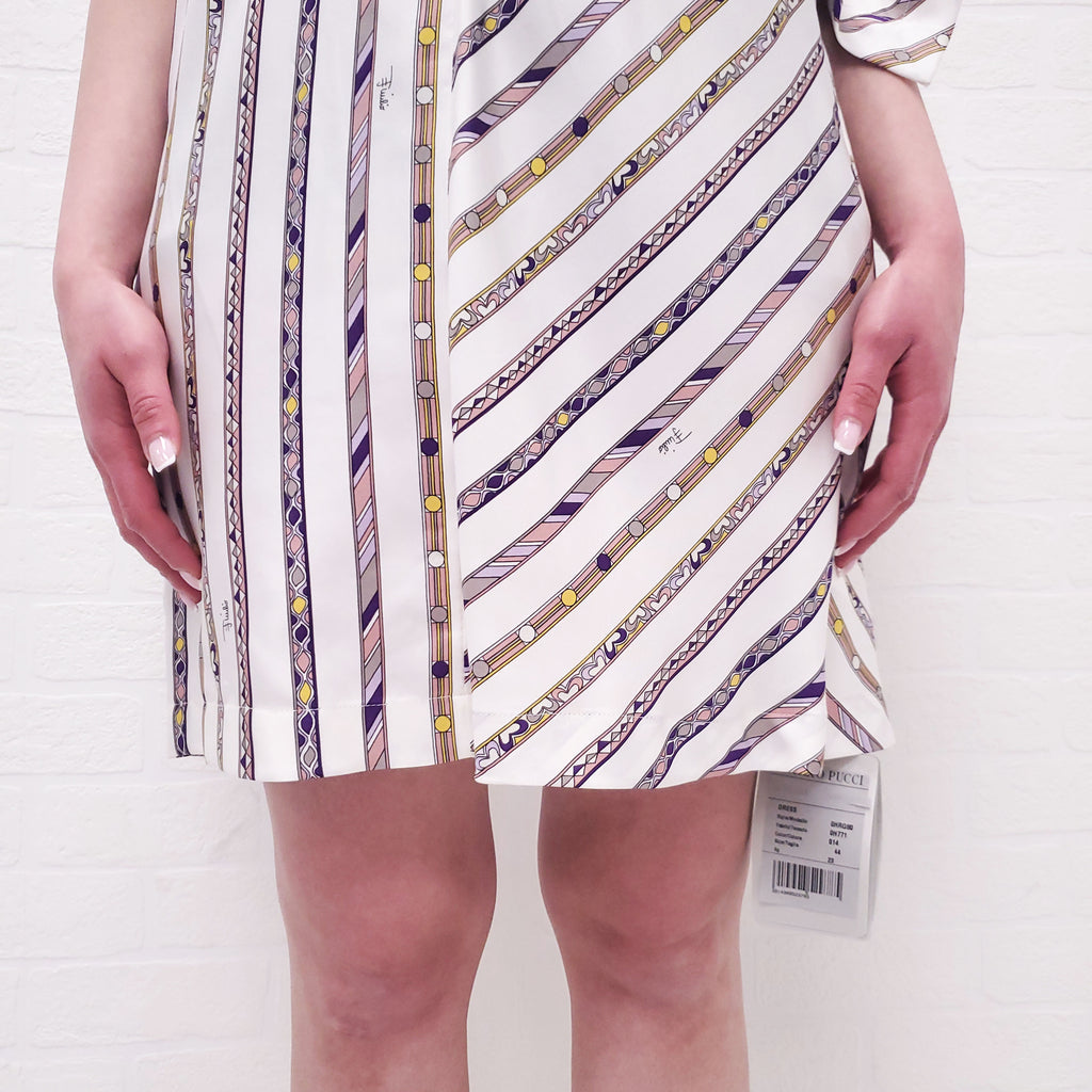 EMILIO PUCCI WHITE PATTERNED STRIPE SHORT SLEEVE DRESS - SIZE 44