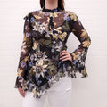 ERDEM BLACK SILK FLORAL RUFFLE BLOUSE - SIZE 6