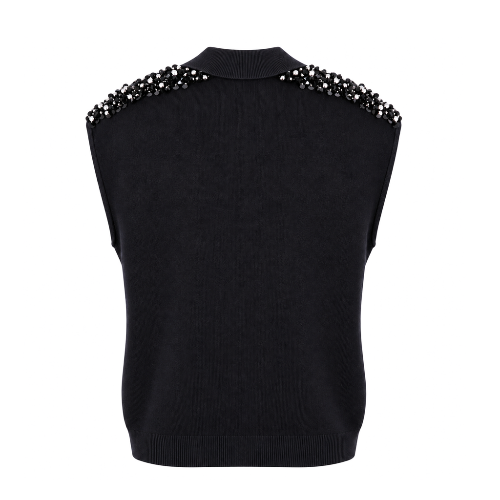 ESSENTIEL ANTWERP BLACK SLEEVELESS SWEATER WITH SEQUIN PEARL DETAIL - SIZE S