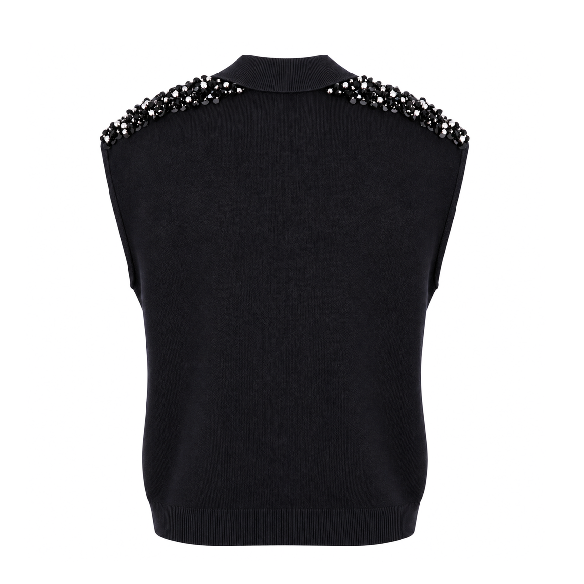 ESSENTIEL ANTWERP BLACK SLEEVELESS SWEATER WITH SEQUIN PEARL DETAIL - SIZE S