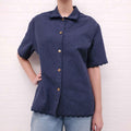 ETRO NAVY PATTERNED SCALLOPED SHORT SLEEVE WITH LOGO BUTTONS - SIZE 42