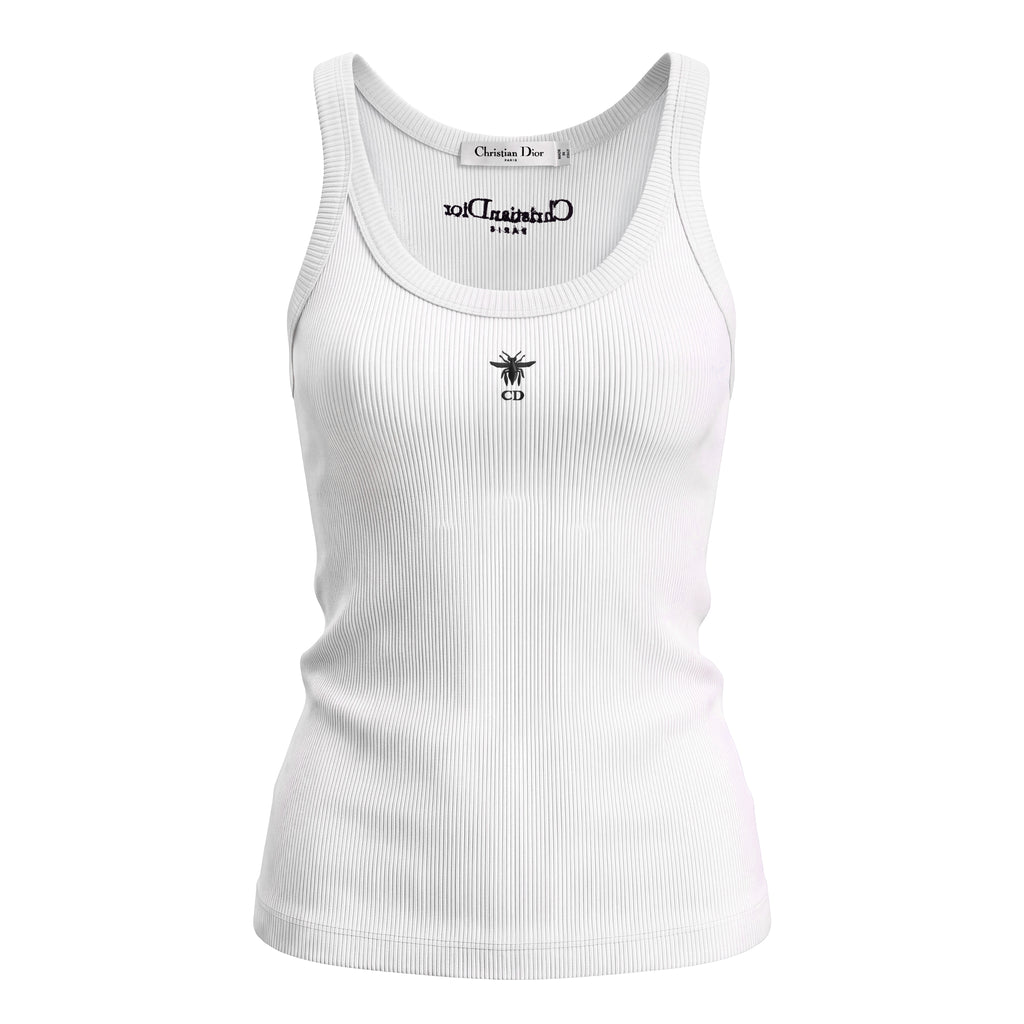 CHRISTIAN DIOR WHITE RIBBED LOGO TANK TOP - SIZE XS