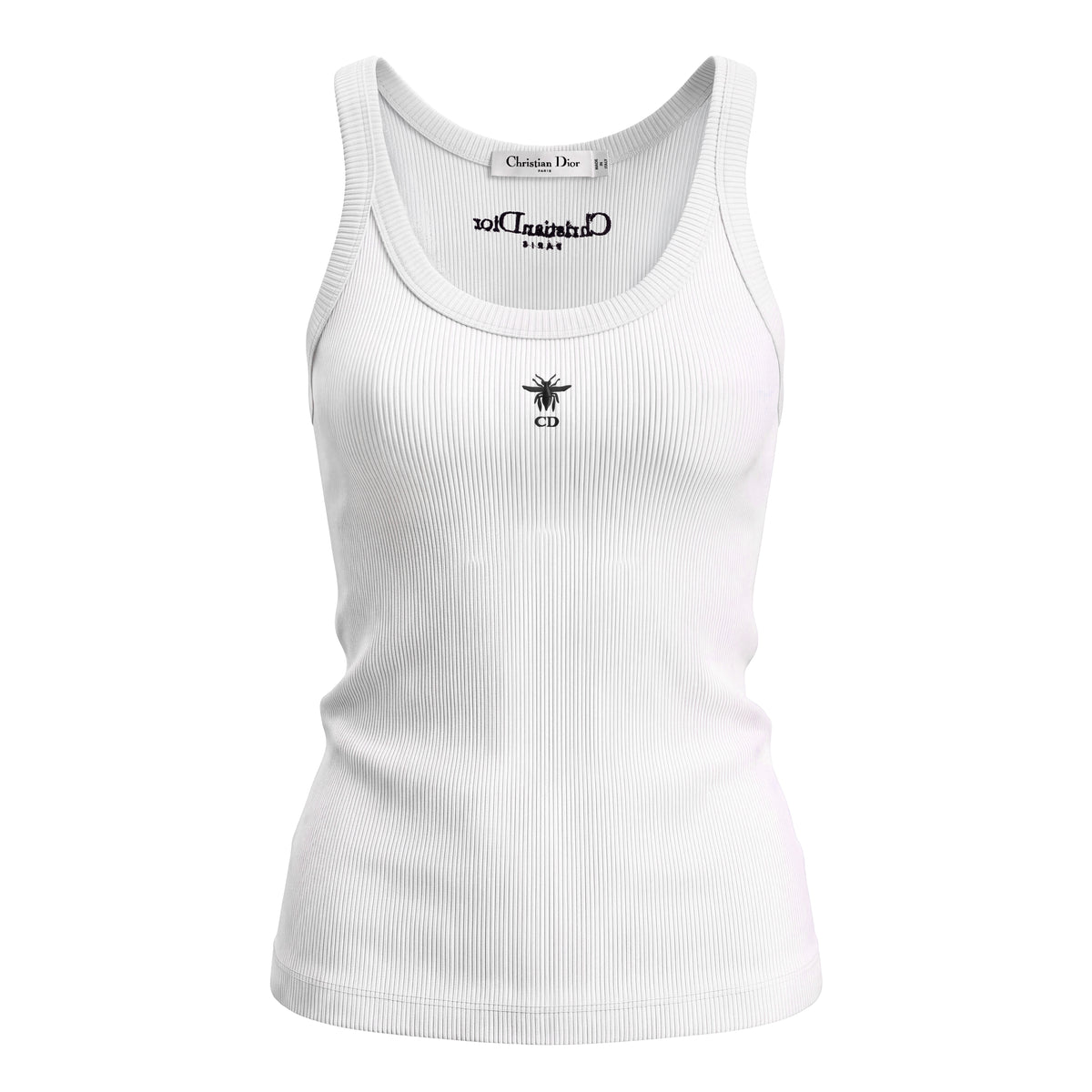CHRISTIAN DIOR WHITE RIBBED LOGO TANK TOP - SIZE XS