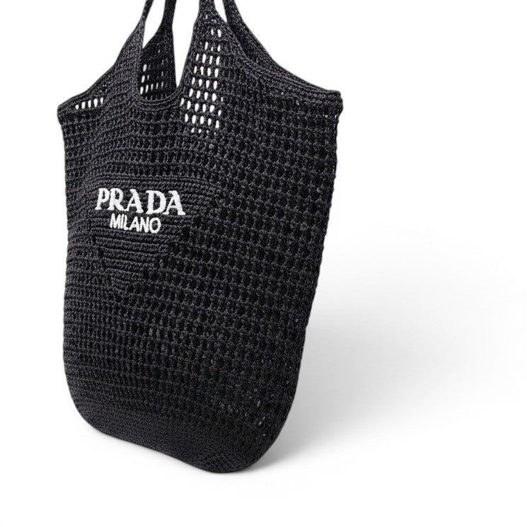 PRADA BLACK RAFFIA CROCHET LOGO TOTE BAG