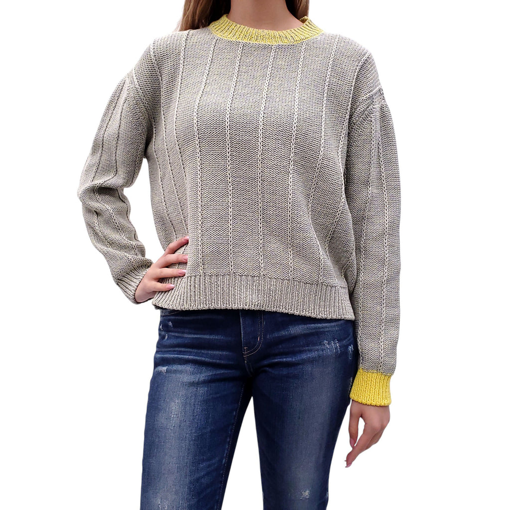 FABIANA FILIPPI OLIVE GREEN KNIT SWEATER WITH YELLOW NECKLINE - SIZE 44