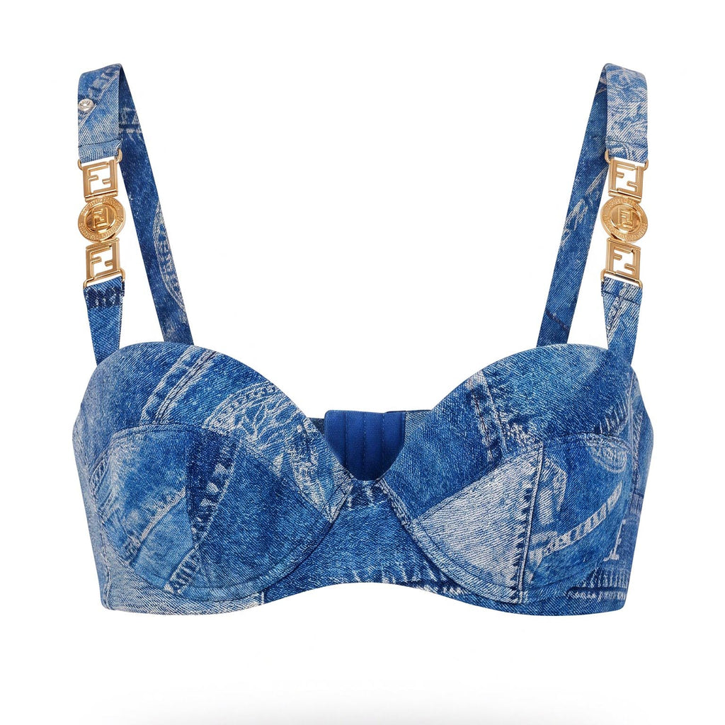 FENDACE DENIM PATCHWORK BRA WITH GOLD LOGO DETAIL - SIZE 2B