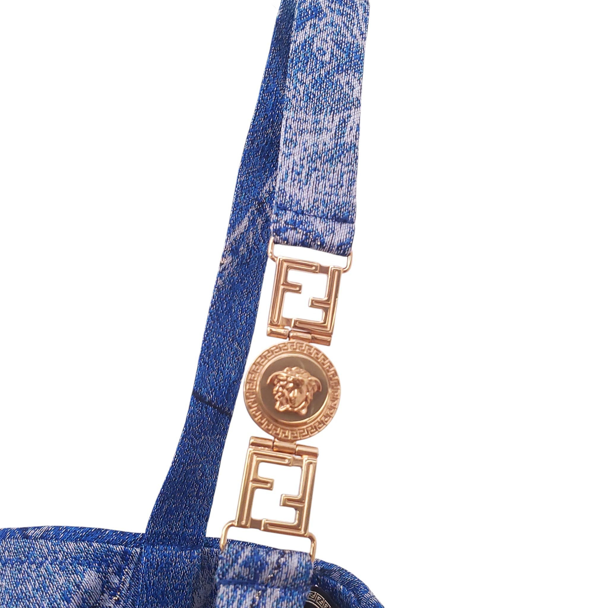 FENDACE DENIM PATCHWORK BRA WITH GOLD LOGO DETAIL - SIZE 2B