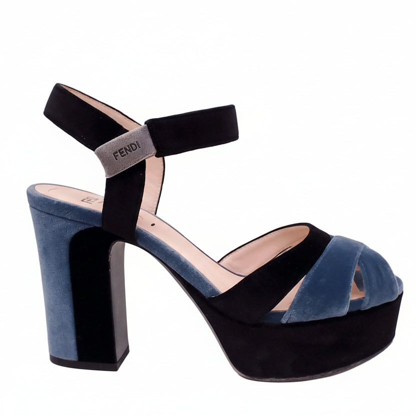 FENDI BLACK AND TURQUOISE VELET HEELS - SIZE 38