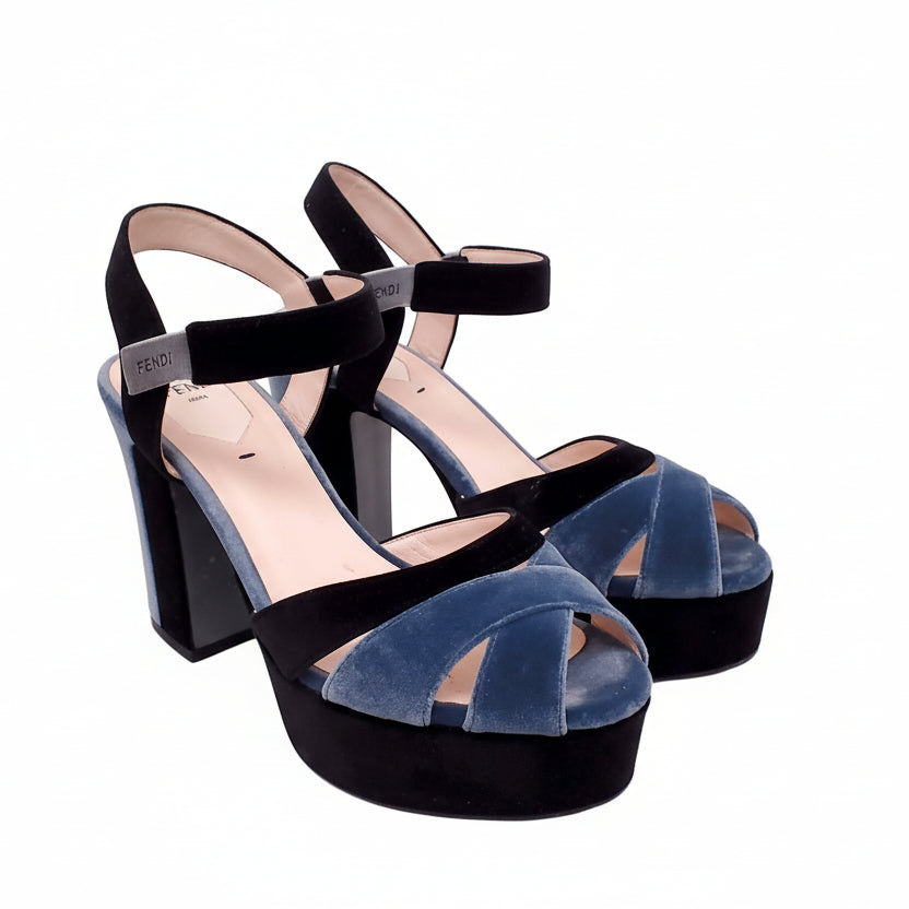 FENDI BLACK AND TURQUOISE VELET HEELS - SIZE 38