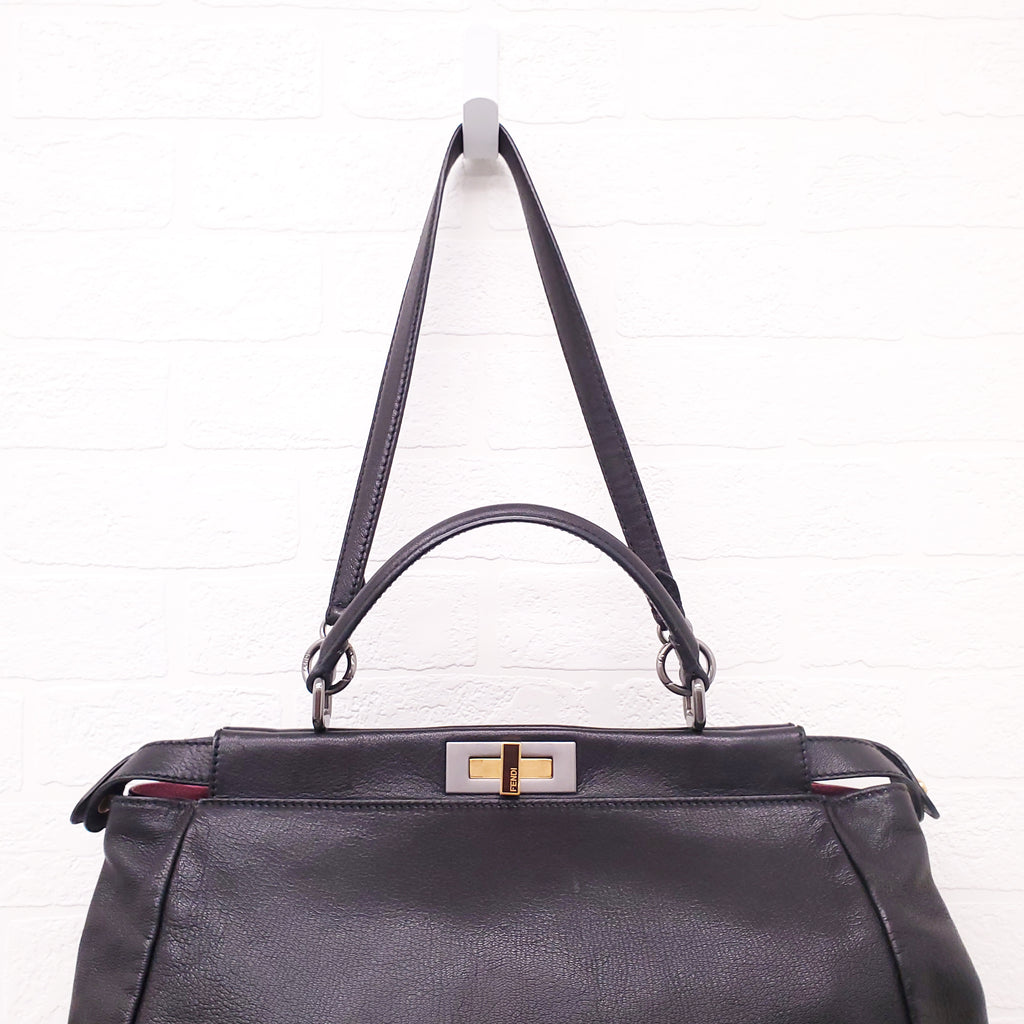 FENDI BLACK MEDIUM PEEKABOO BAG WITH PINK INTERIOR
