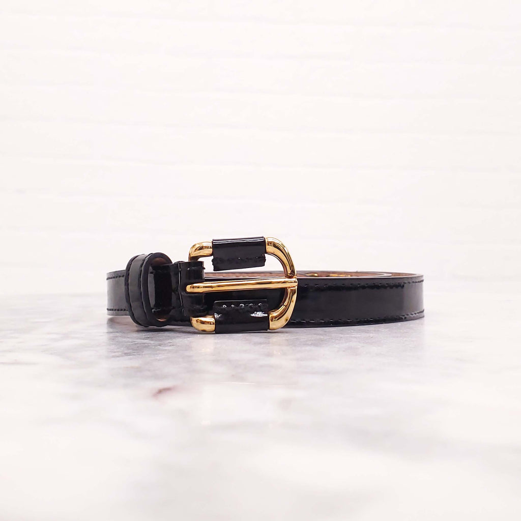 FENDI BLACK PATENT LEATHER THIN BELT WITH STUDDED DETAIL - SIZE 38