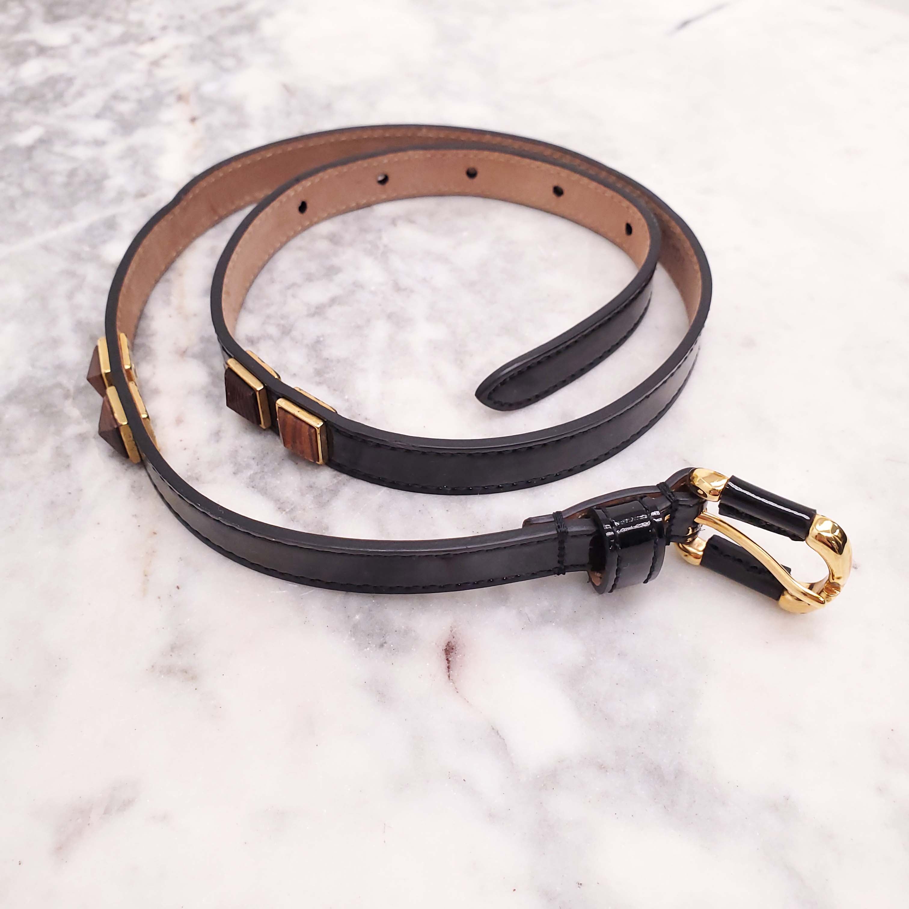 FENDI BLACK PATENT LEATHER THIN BELT WITH STUDDED DETAIL - SIZE 38