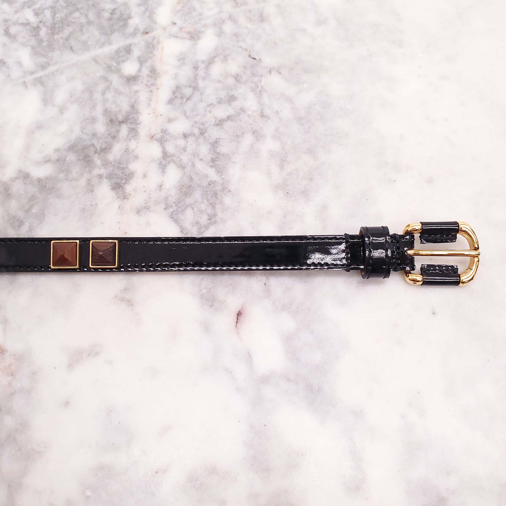 FENDI BLACK PATENT LEATHER THIN BELT WITH STUDDED DETAIL - SIZE 38