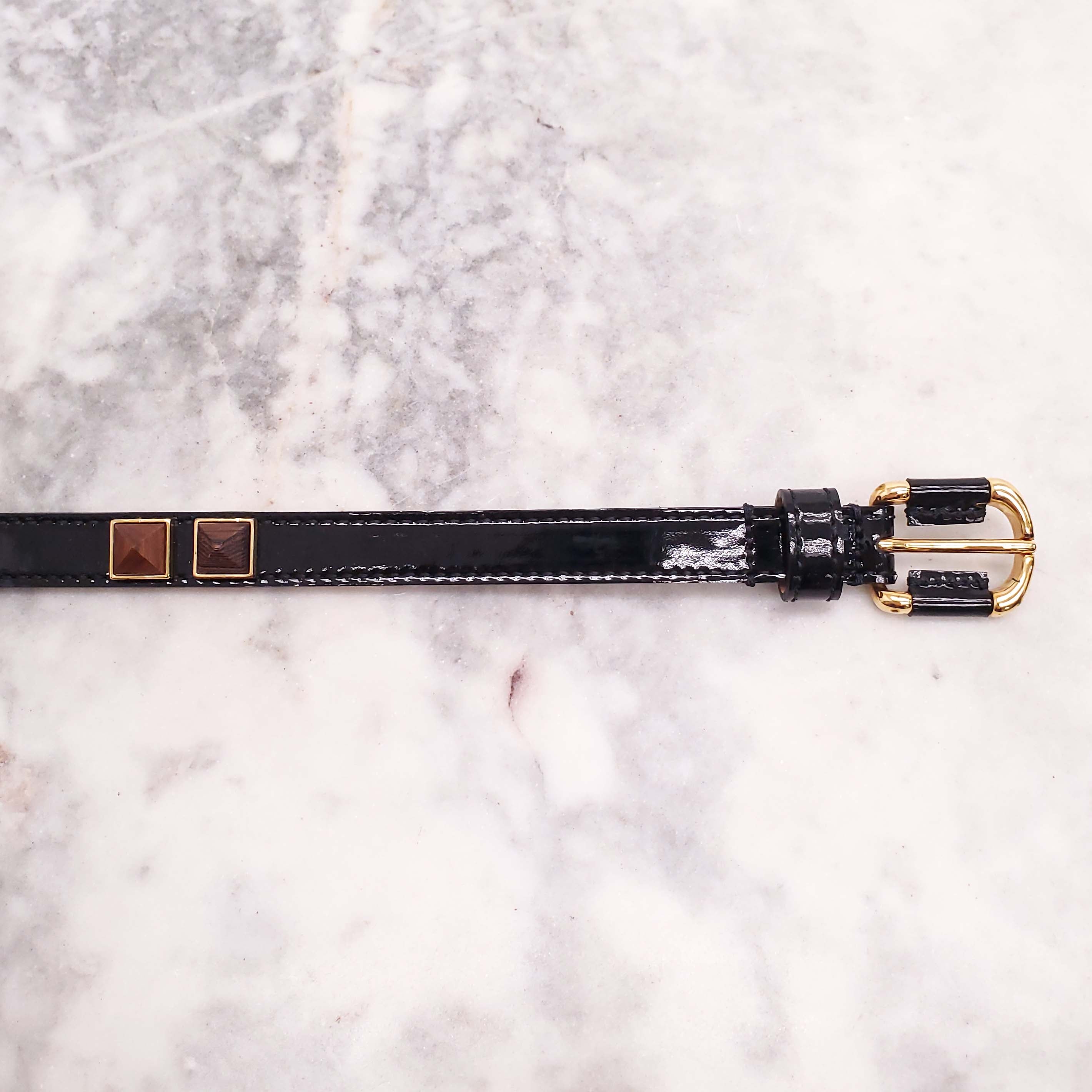FENDI BLACK PATENT LEATHER THIN BELT WITH STUDDED DETAIL - SIZE 38