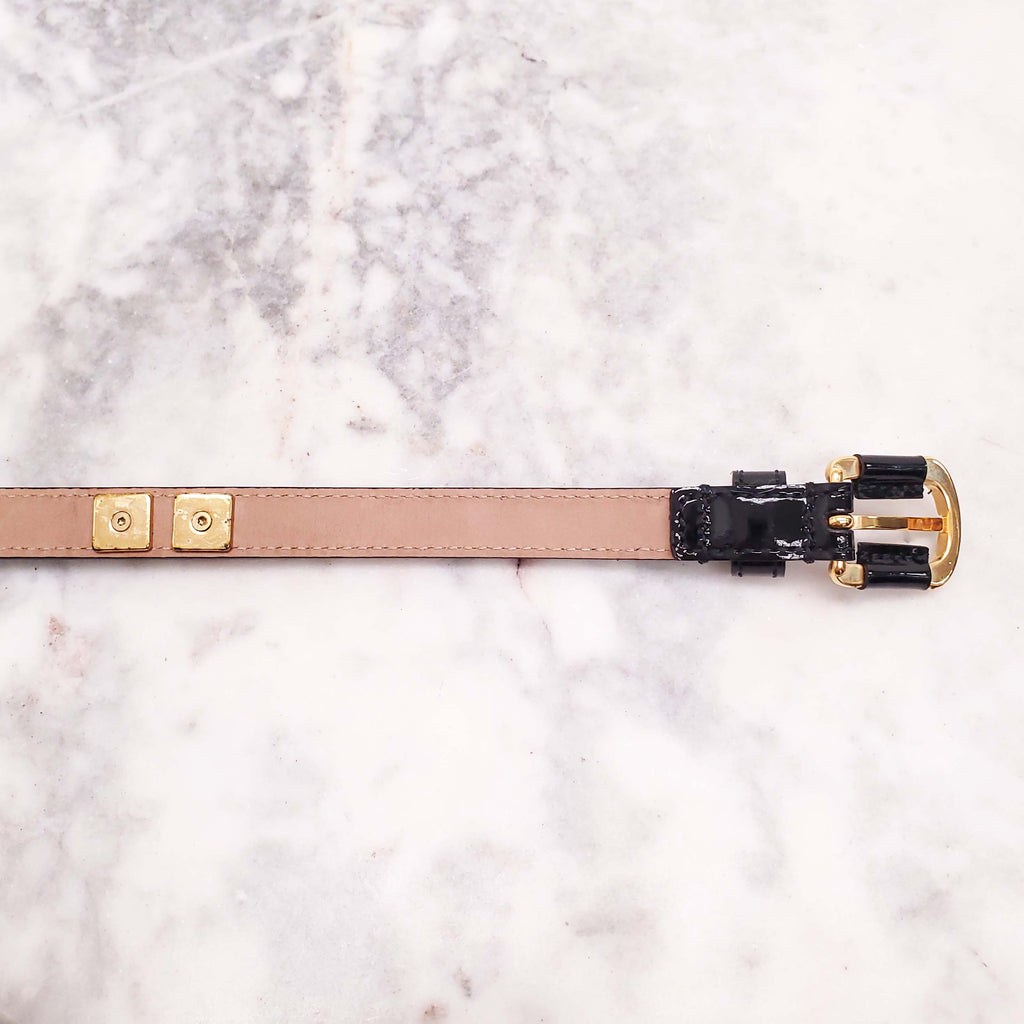 FENDI BLACK PATENT LEATHER THIN BELT WITH STUDDED DETAIL - SIZE 38