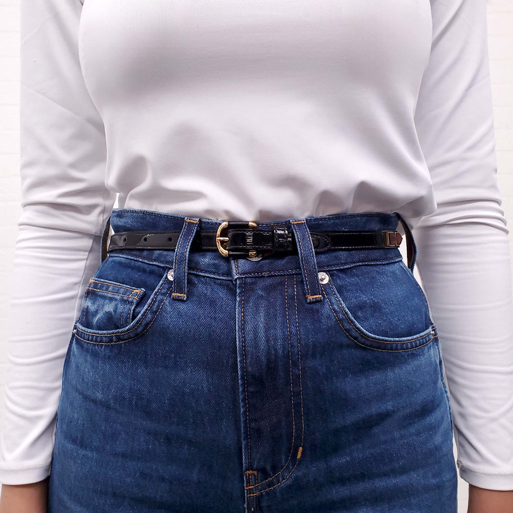 FENDI BLACK PATENT LEATHER THIN BELT WITH STUDDED DETAIL - SIZE 38