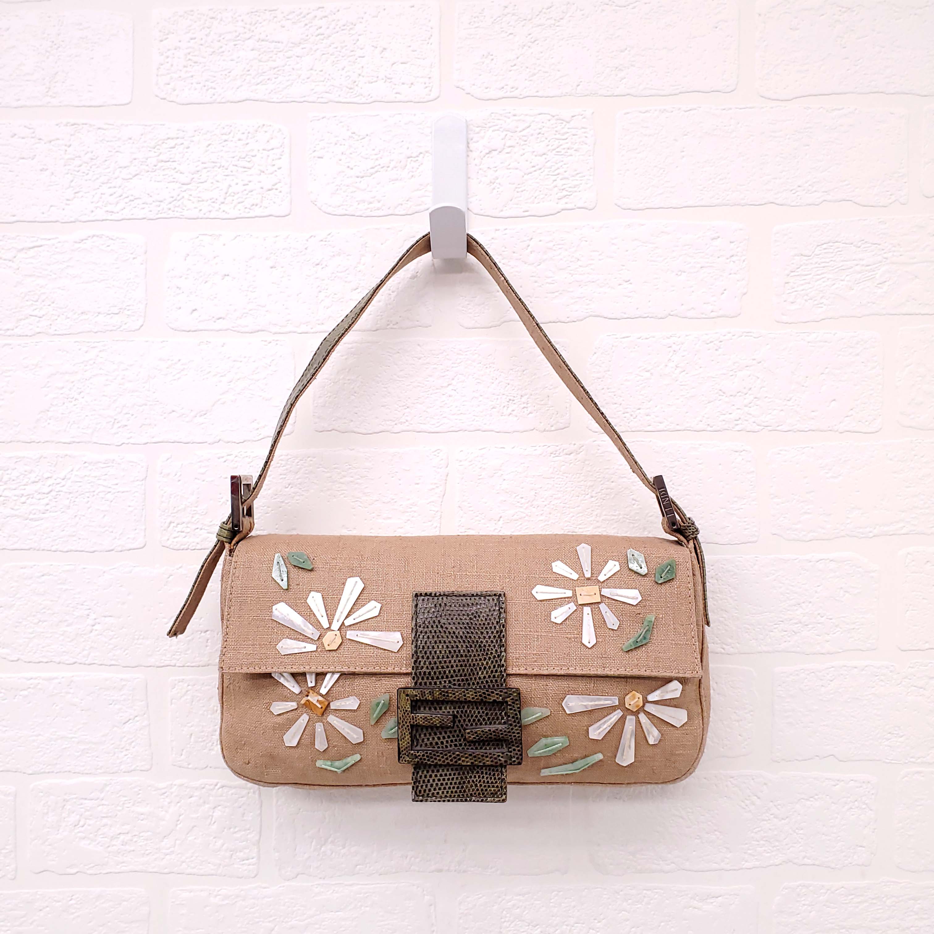 FENDI BURLAP FLORAL 'BAGUETTE' SHOULDER BAG WITH SNAKESKIN DETAIL