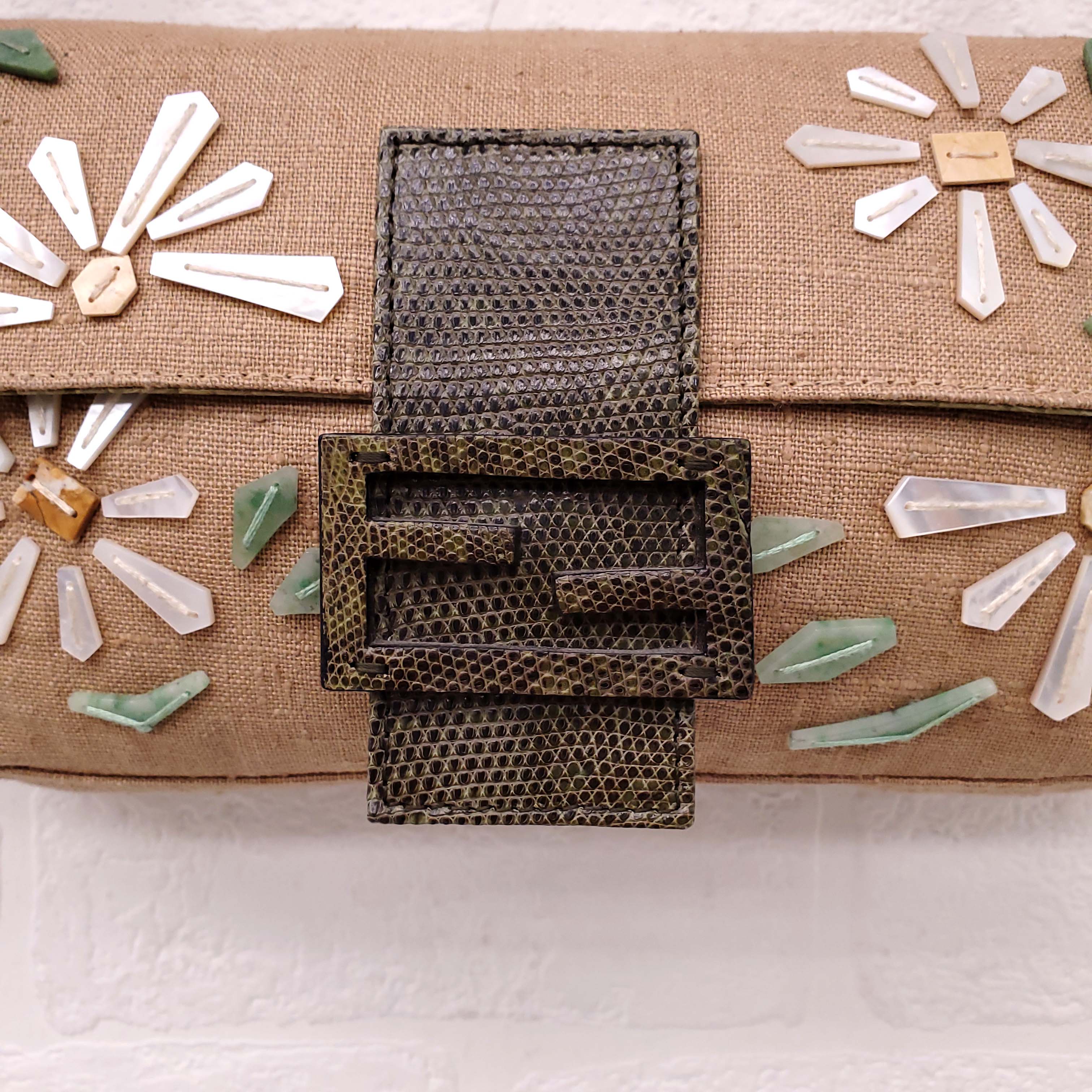 FENDI BURLAP FLORAL 'BAGUETTE' SHOULDER BAG WITH SNAKESKIN DETAIL