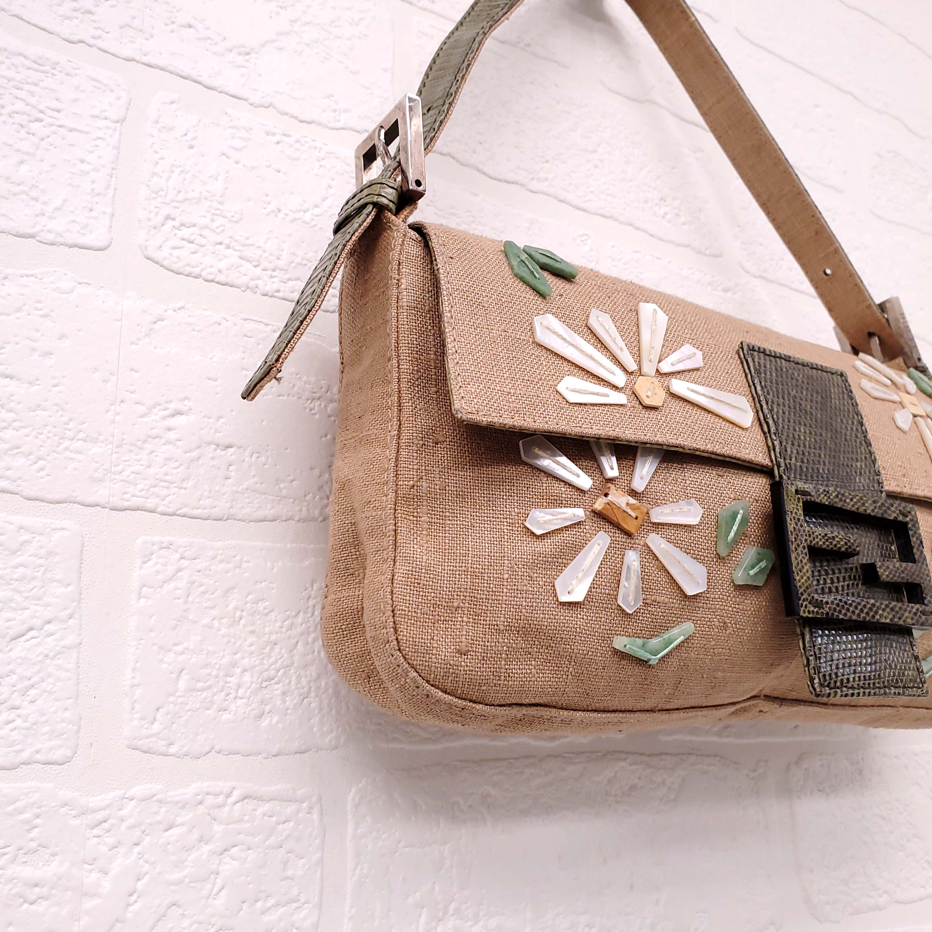 FENDI BURLAP FLORAL 'BAGUETTE' SHOULDER BAG WITH SNAKESKIN DETAIL