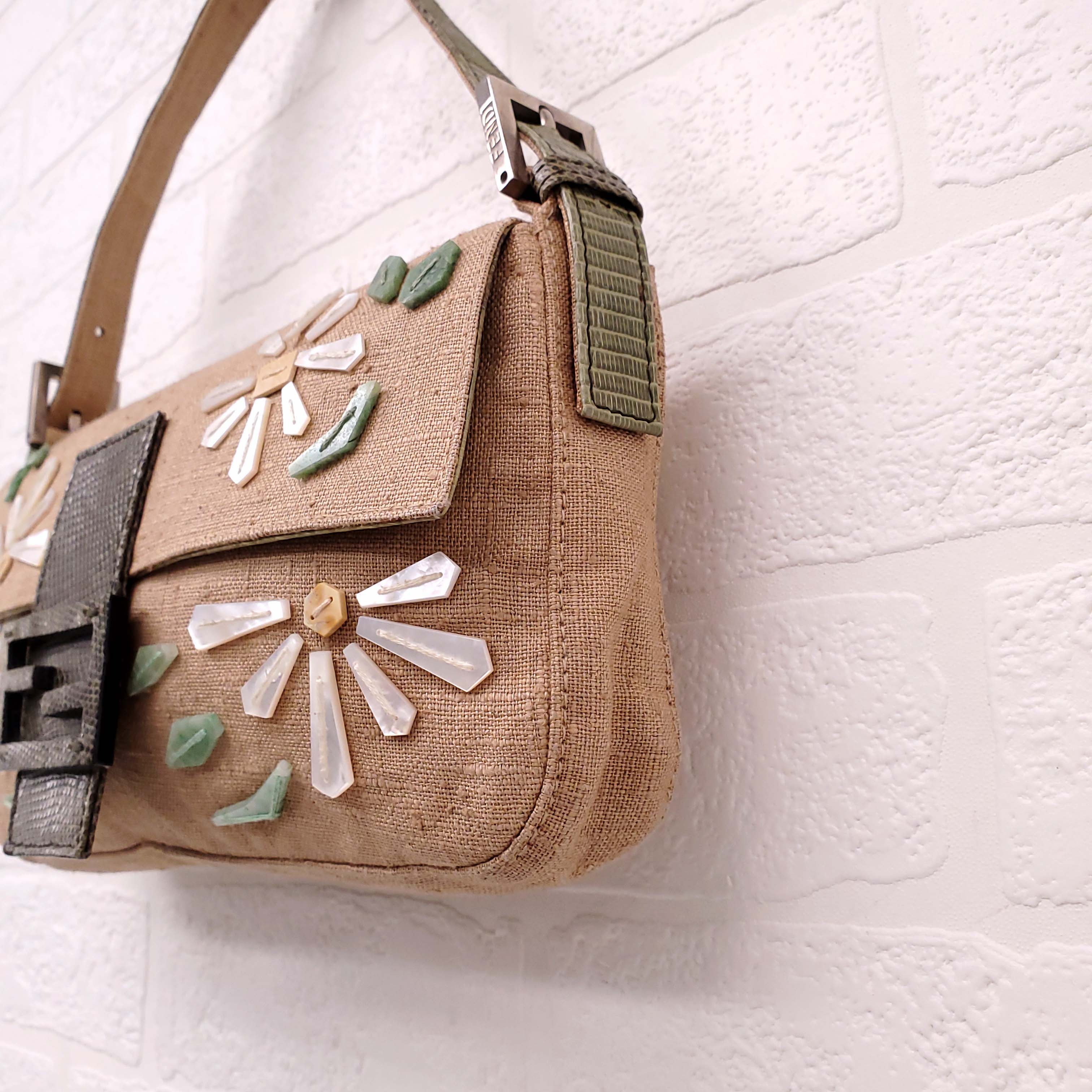 FENDI BURLAP FLORAL 'BAGUETTE' SHOULDER BAG WITH SNAKESKIN DETAIL