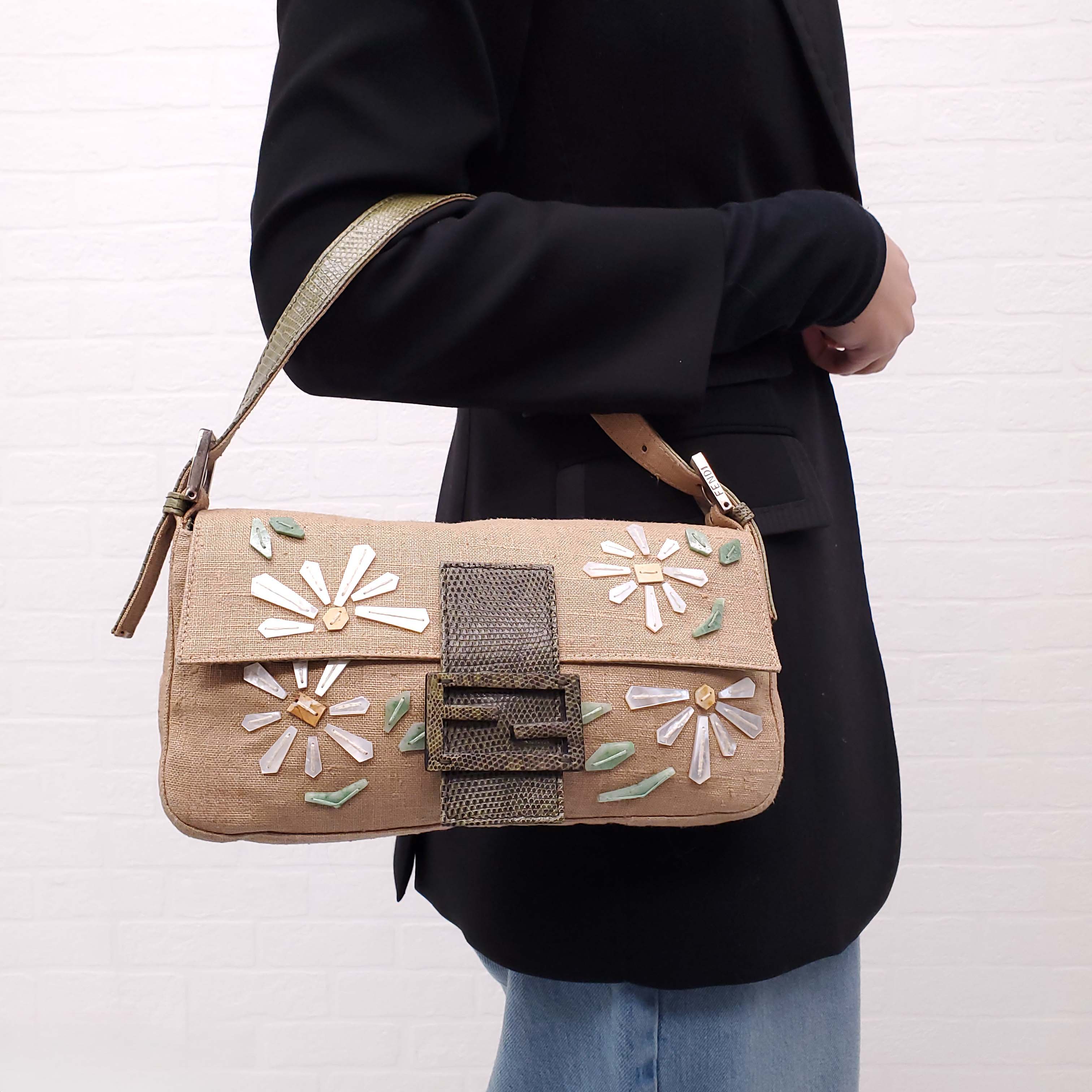 FENDI BURLAP FLORAL 'BAGUETTE' SHOULDER BAG WITH SNAKESKIN DETAIL