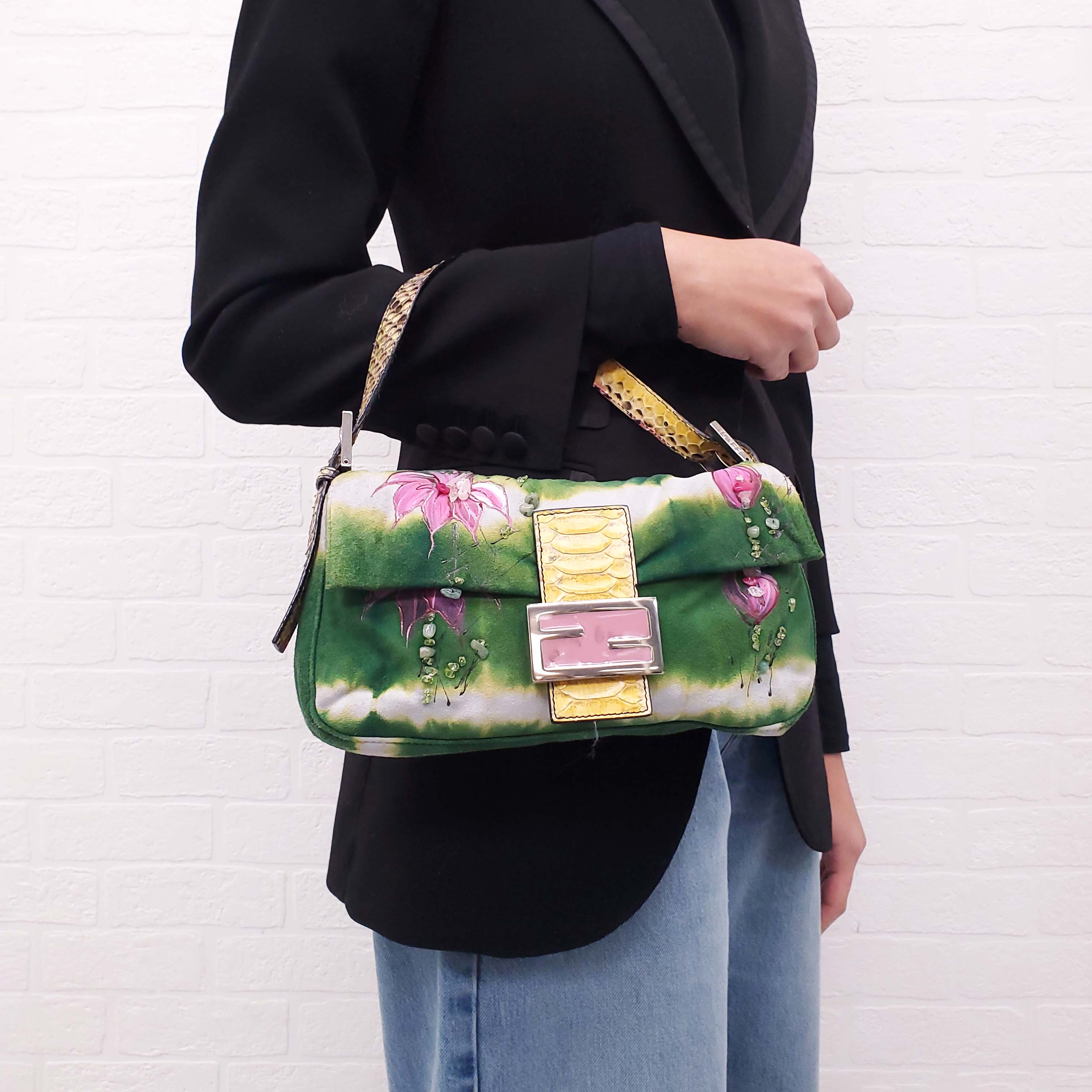 FENDI FLORAL BEADED SUEDE PYHTON 'BAGUETTE' SHOULDER BAG