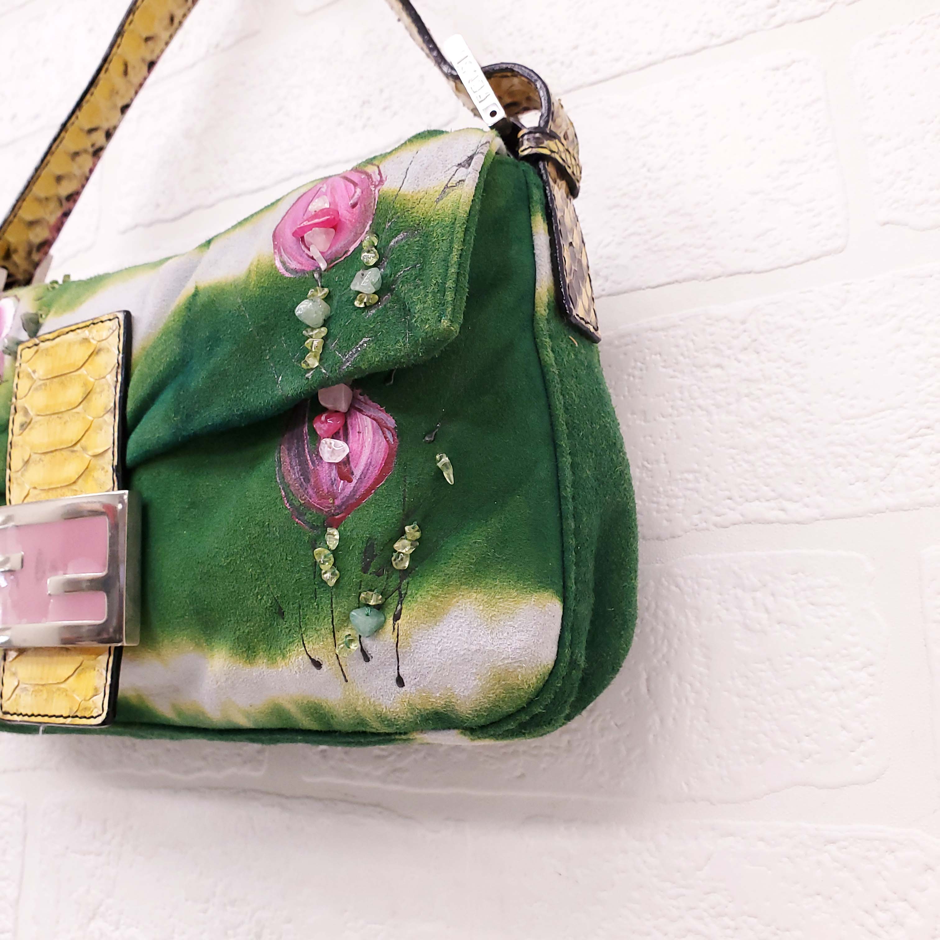 FENDI FLORAL BEADED SUEDE PYHTON 'BAGUETTE' SHOULDER BAG