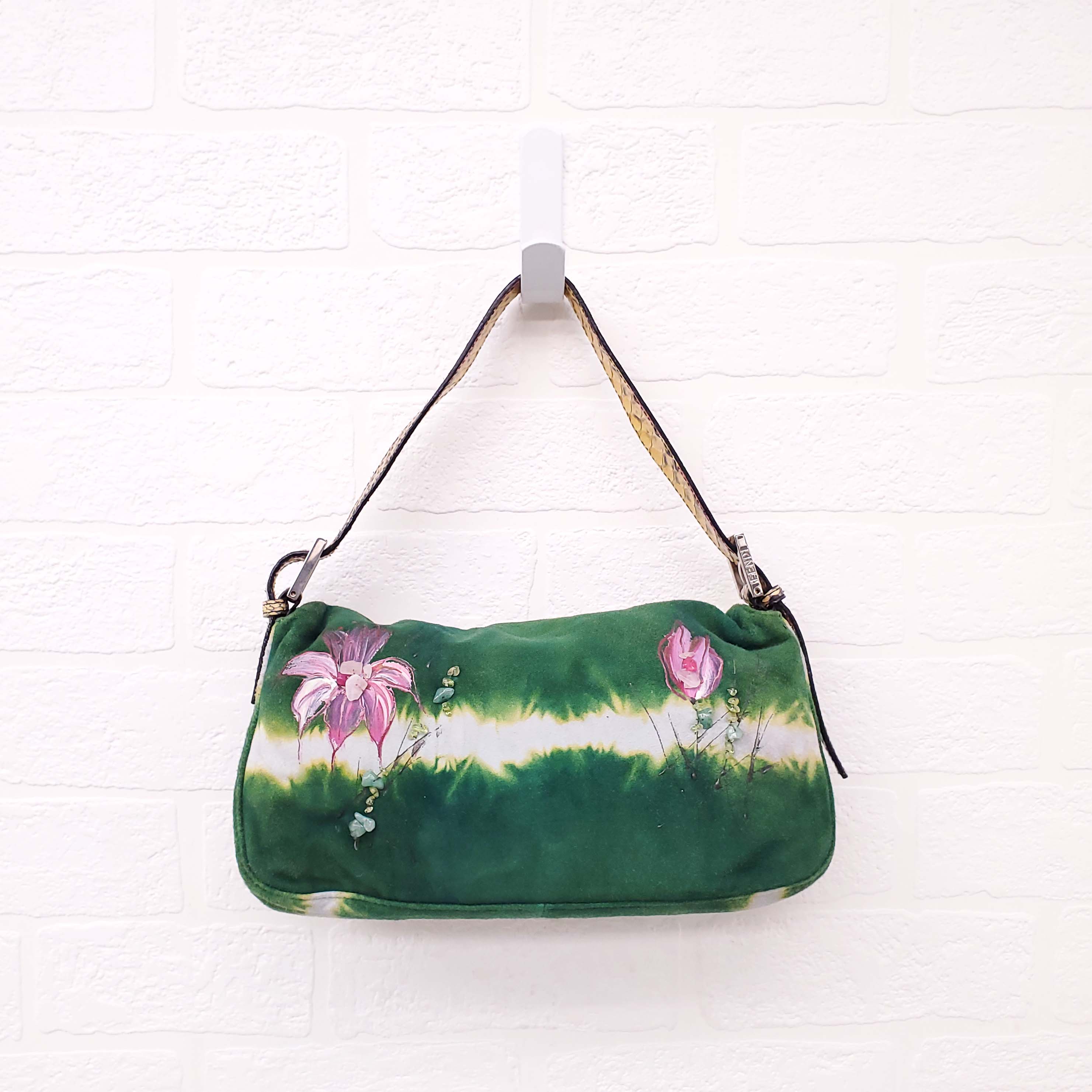 FENDI FLORAL BEADED SUEDE PYHTON 'BAGUETTE' SHOULDER BAG