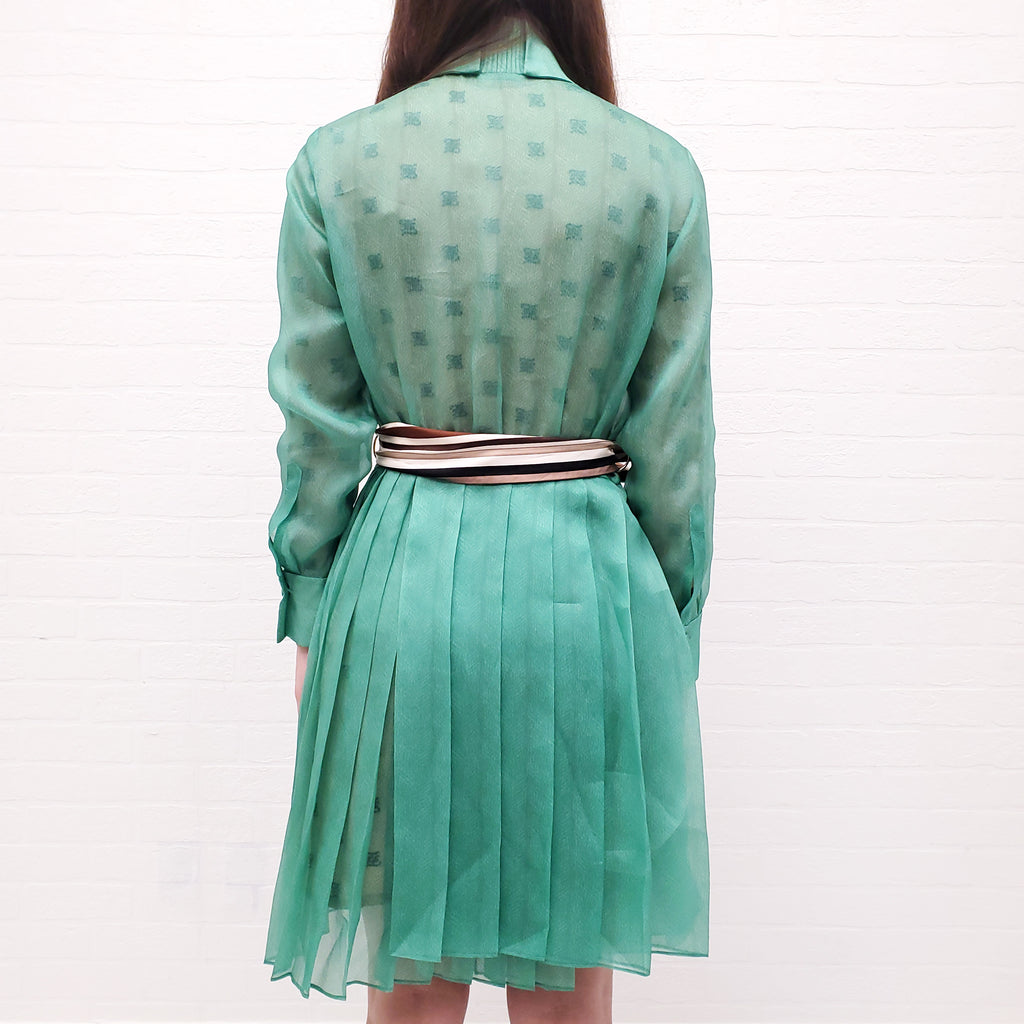 FENDI GREEN SILK PLEATED ORGANDIE SHIRT DRESS - SIZE 38