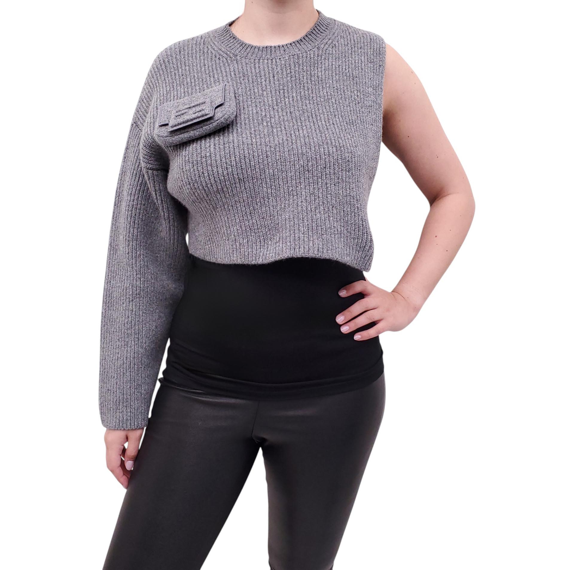 FENDI GREY ONE SLEEVE SWEATER WITH ZUCCA BAGUETTE POCKET - SIZE 36