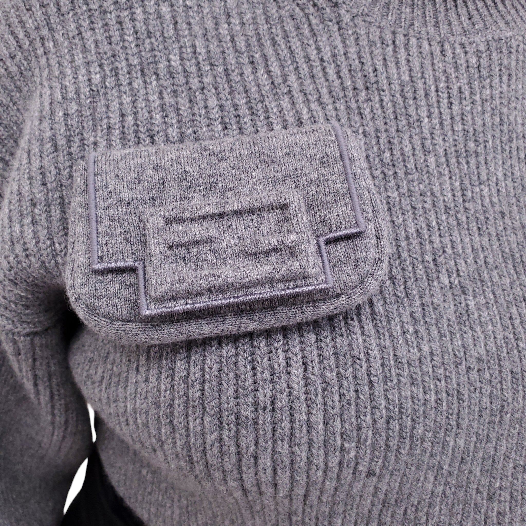 FENDI GREY ONE SLEEVE SWEATER WITH ZUCCA BAGUETTE POCKET - SIZE 36